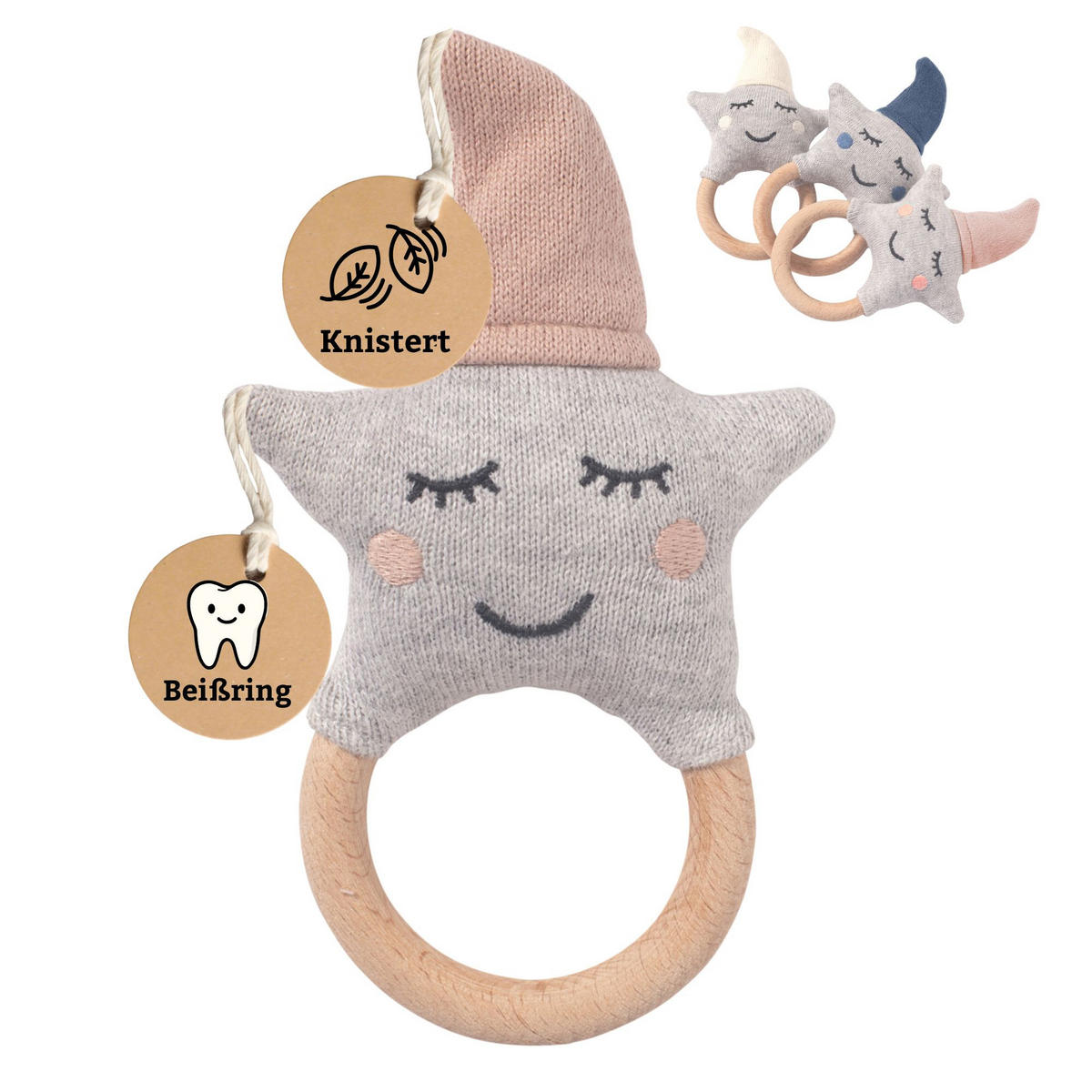SPIELUHR Mobile mit Beißring Baby Geschenk Set: Spieluhr + Rassel Stern Mädchen - Rosa, Textil (15/4/22cm) - nordic coast company