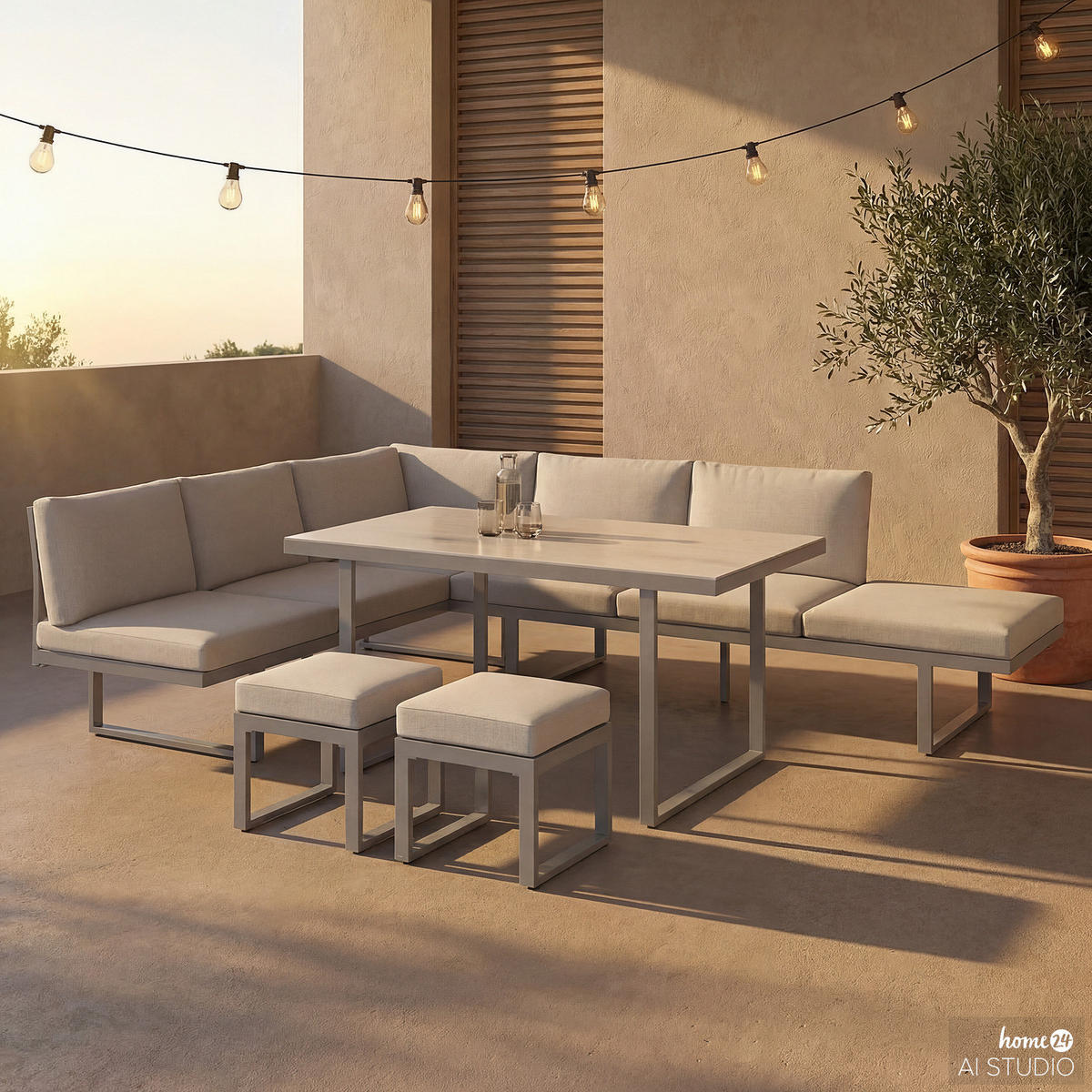 DINING-LOUNGESET - Aluminium / Polyester - Hellgrau - 5-teilig - Hellgrau, Glas/Textil - home24