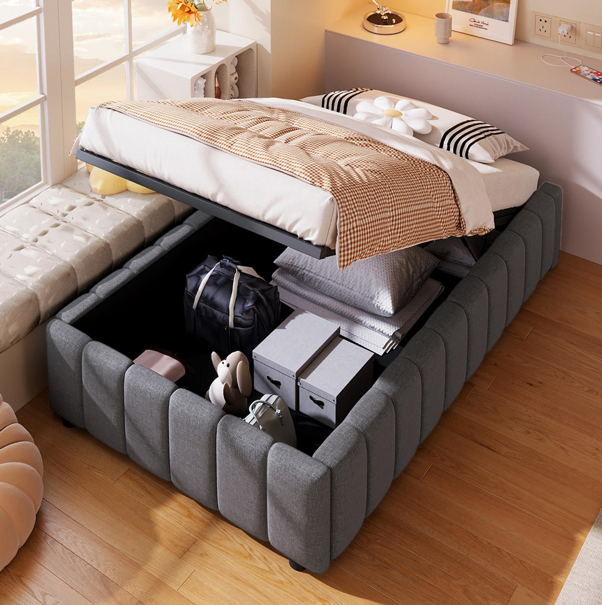 BETT mit hydraulischem Stauraum 90x200 cm Leinen Grau - Grau, Metall (90/200cm) - Meubliv