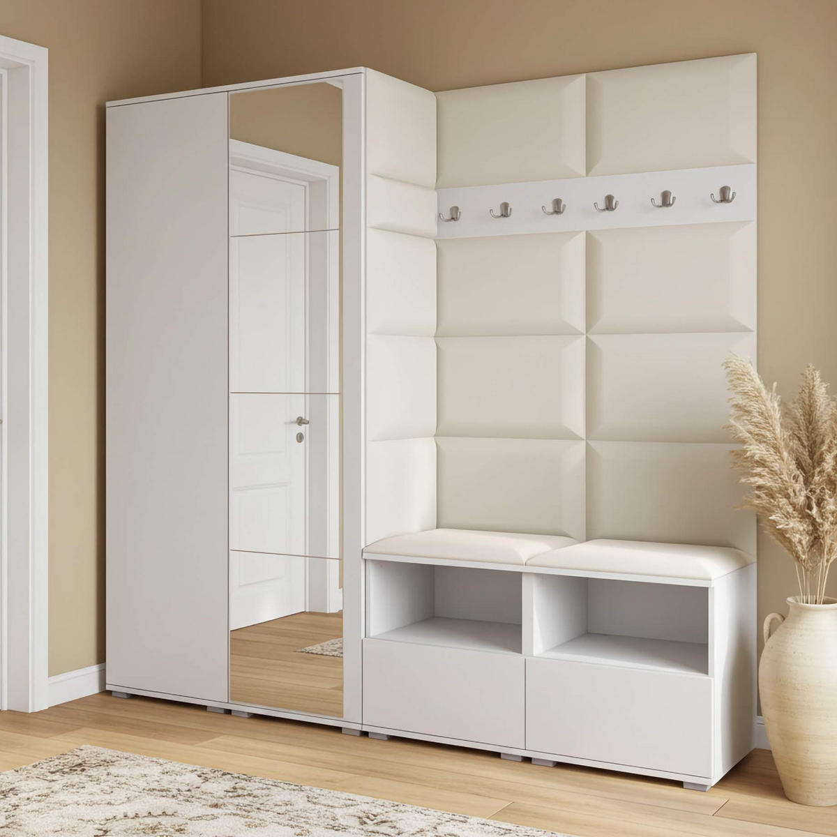 GARDEROBE NELA VI 200 cm (Kompaktgarderobe Weiß mit Spiegel & Sitzpolster Creme 01 Schrank & Paneel) - Silberfarben/Creme, Holz/Holzwerkstoff (200/187/40cm) - Ravio