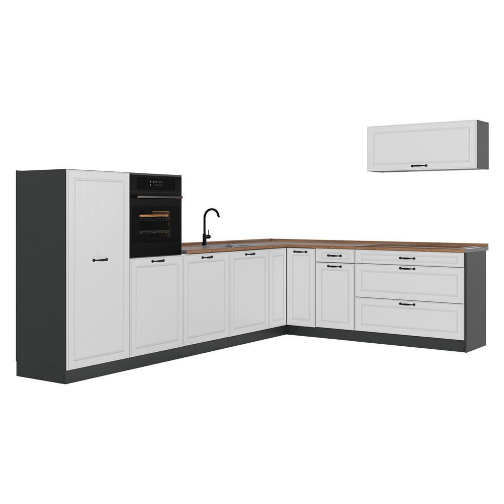 ROHOVÁ KUCHYŇA R-Line, Biely vidiecky dom/antracitová, 327 x cm Goldkraft tammi työtaso - biela/antracitová, kompozitné drevo (327/143/60cm) - Vicco