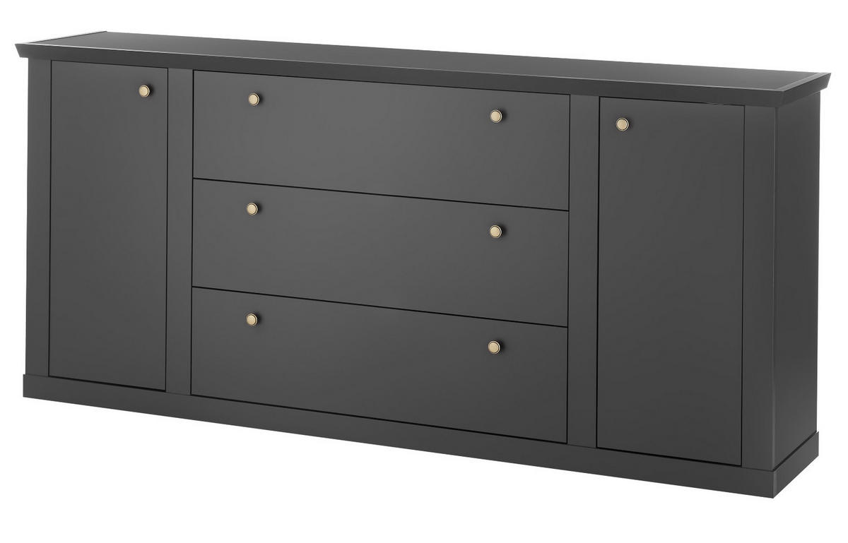SIDEBOARD schwarz matt, Eiche Landhaus 205 cm, Kommode mit Soft-Close - Eichefarben/Messingfarben, Holzwerkstoff/Metall (205/92/42cm) - Furn.Design