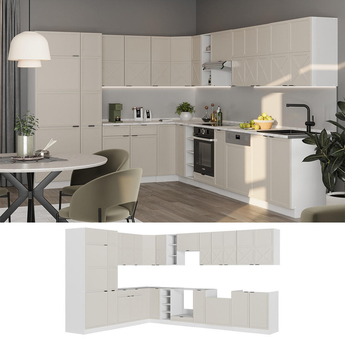 ECKKÜCHE Fame-Line GrauBeige/Weiß 347 x 257 cm, AP Marmor - Weiß/Grau, Holzwerkstoff (347/81.6/60cm) - Vicco