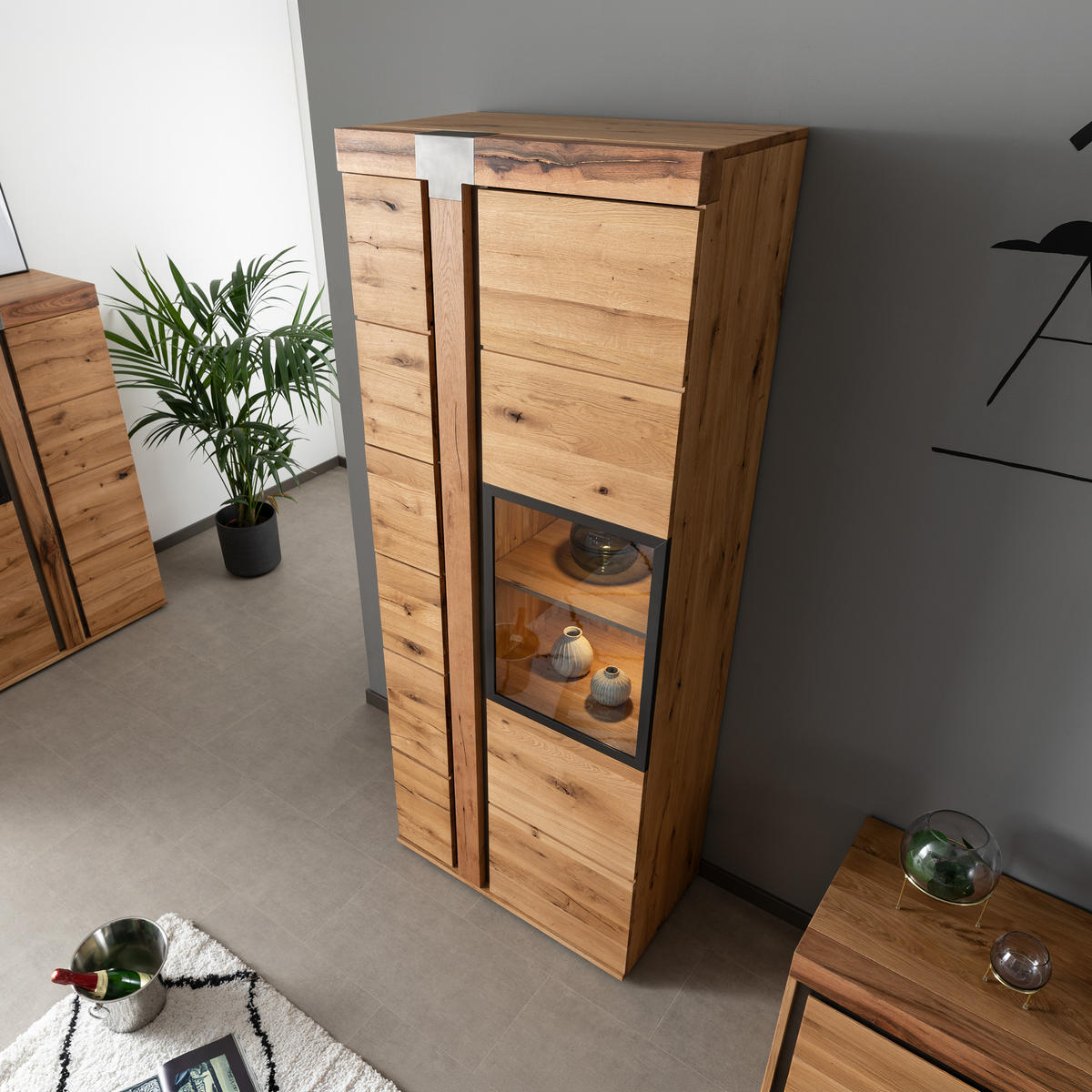 VITRINE Wildeiche / Zerreiche 80x45x204 natur geölt NEW AMSTERDAM #08 - Naturfarben, Holz (80/204/45cm) - Massivmoebel24
