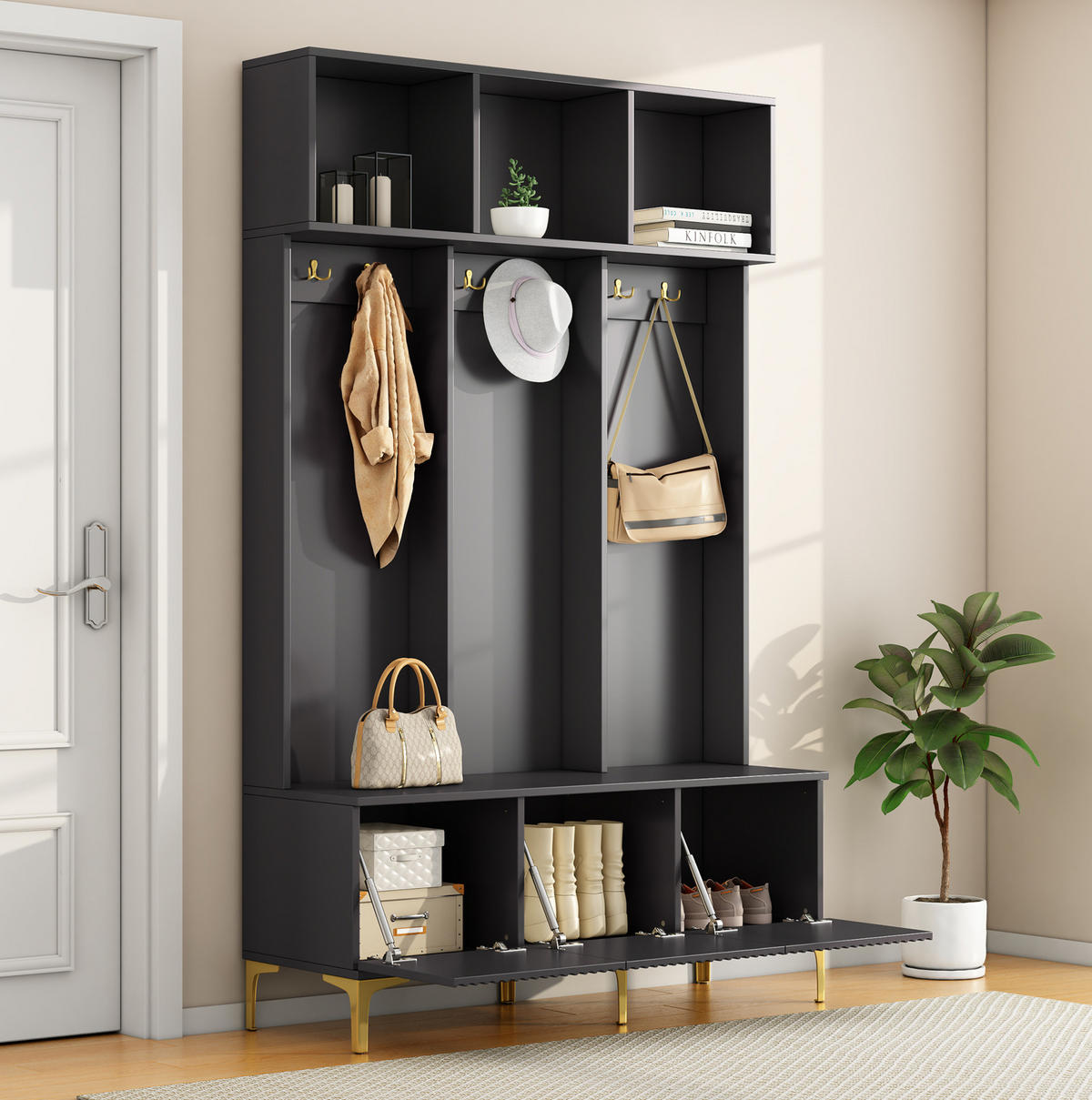 GARDEROBE 120/191,5/23,5 cm Schwarz aus Spanplatte mit Sitzbank - Schwarz, Holzwerkstoff (40/191/120cm) - OKMYHOME