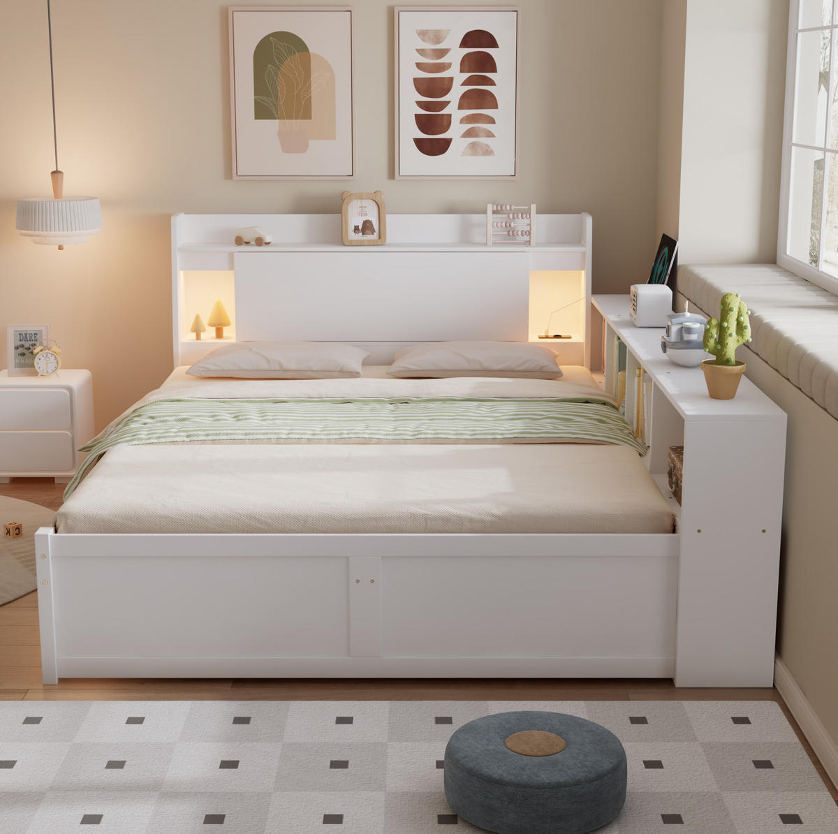 BETT aus Kiefer und MDF 140x200 cm Weiß mit Ladebuchse, 2 Leuchten, Kopfteilablage und Stauraum - Weiß, Holzwerkstoff (90/200cm) - Modfu