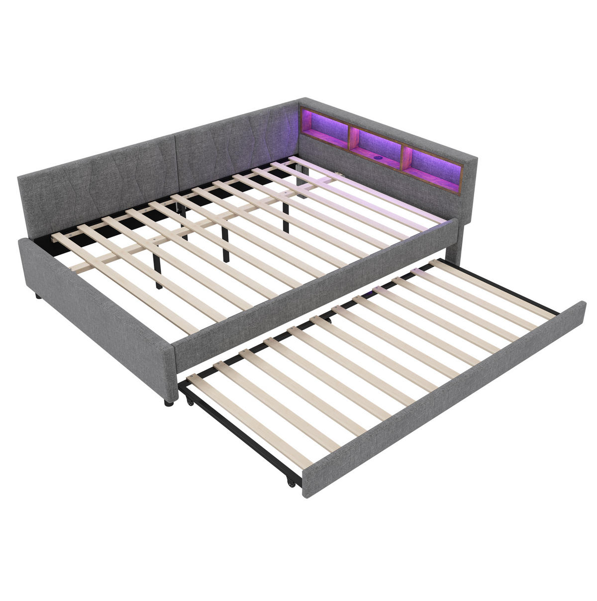 POLSTERBETT 140/200 cm Grau aus Leinen mit USB- und Type-C-Anschlüssen und LED - Grau, Textil (140/200cm) - Flora Grace