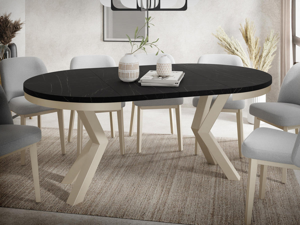 ESSTISCH Clara Beige Cashmere runder ausziehbarer, Marmor Schwarz 100-180/100/76 cm - Kaschmir/Anthrazit, Holzwerkstoff/Metall (100/100/76cm) - WFL GROUP