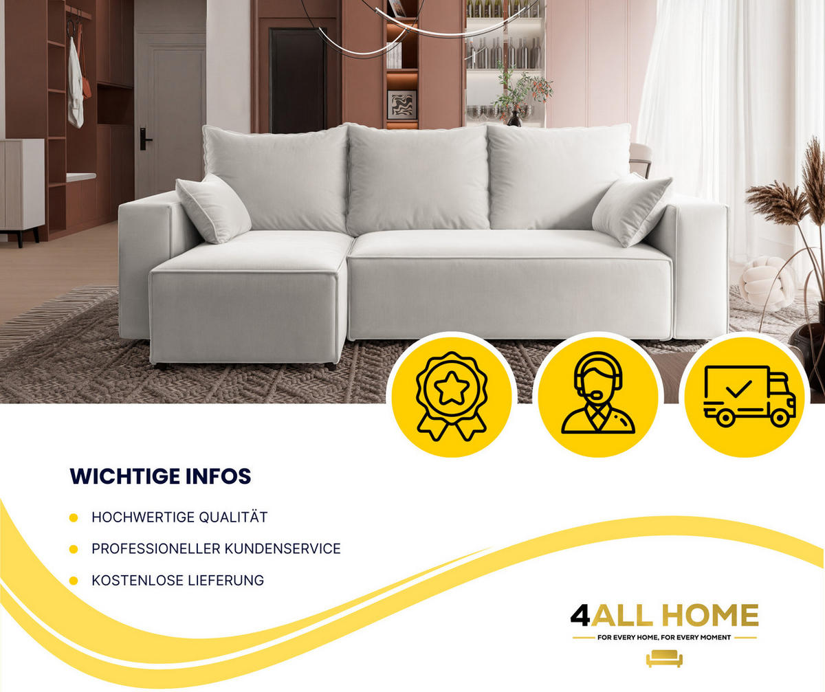 ECKSOFA Tobi mit Bettkasten und Schlaffunktion, L-Form, Velourstoff, Universal - Weiß, Holzwerkstoff (246/145cm) - 4ALL HOME
