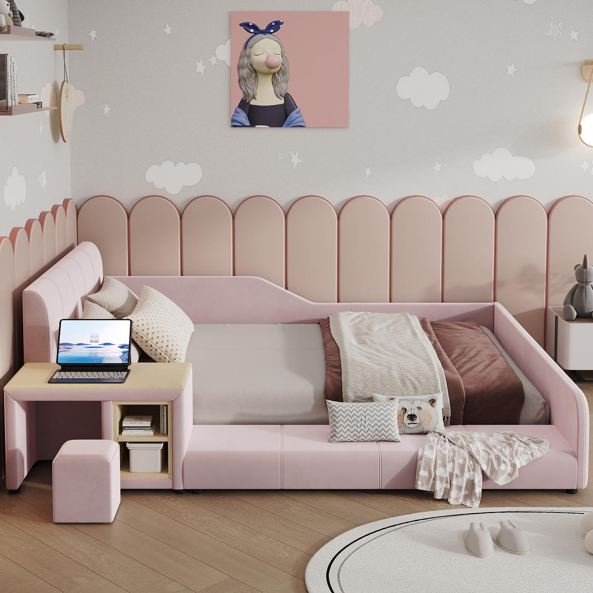 KINDERBETT 140/200 mit Schreibtisch, Hocker und Ablageboden in Pink - Rosa, Holzwerkstoff/Textil (140/200cm) - EVRYAE
