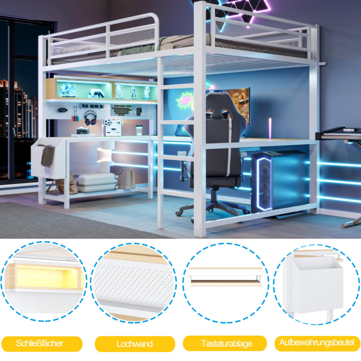 HOCHBETT 140/200 cm Weiß mit Schreibtisch, LED und USB - Weiß, Metall (140/200cm) - MIVRAY