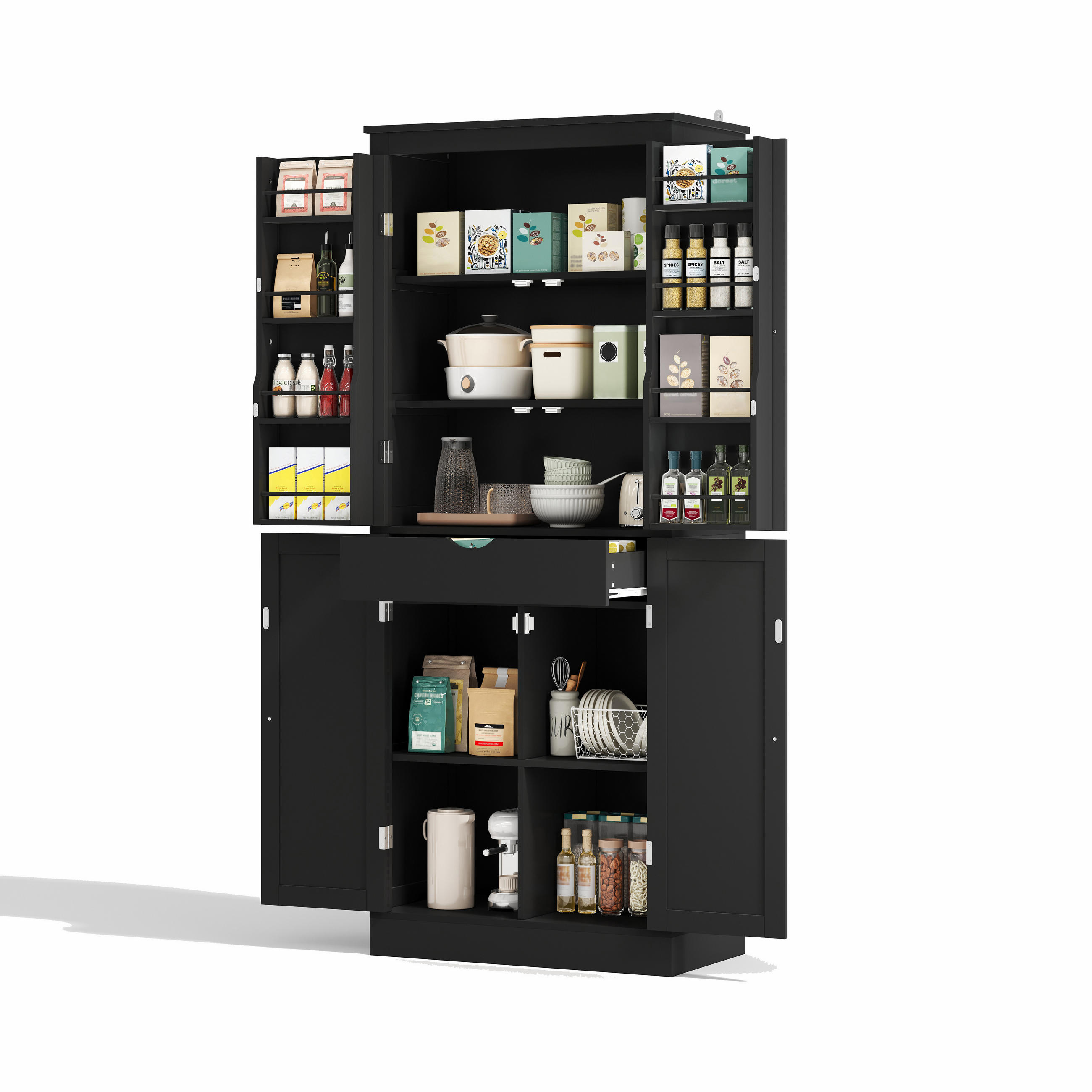 KÜCHENSCHRANK in Schwarz mit Regaltüren und Schublade für Küchen und Wohnzimmer, B75/T40/H182 cm - Schwarz, Holzwerkstoff (75/180/40cm) - STILVORA