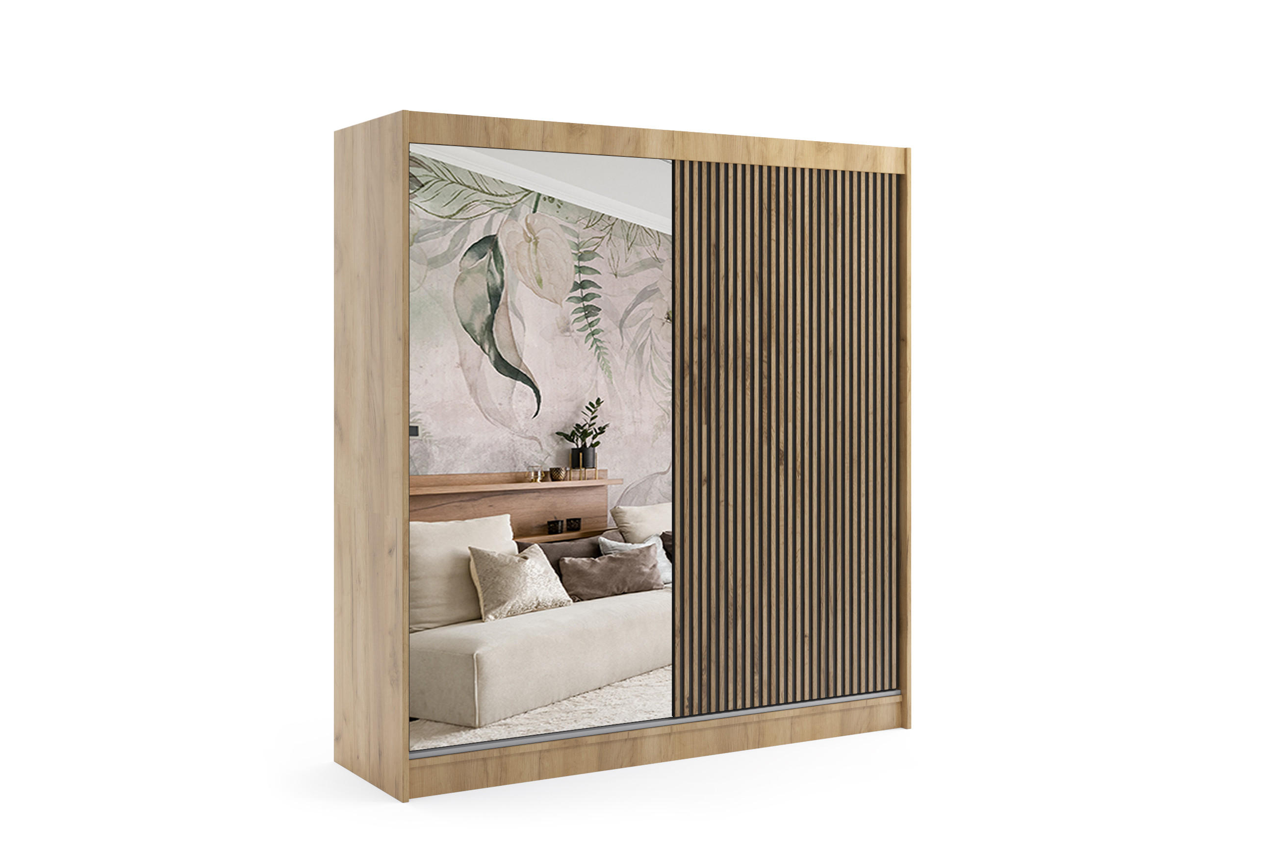 KLEIDERSCHRANK VILAN mit Spiegel - 200 cm - Eichefarben|Eiche Wotan - Eichefarben/Eiche Wotan, Holzwerkstoff (200/215/61cm) - ALTDECOR