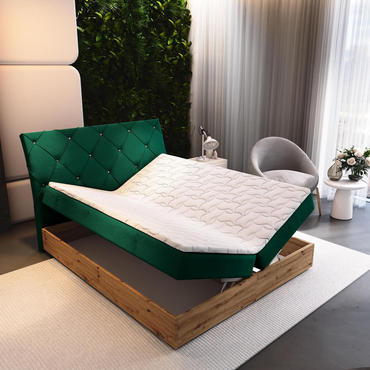 BOXBETT VELLANO 180x200 cm mit Matratze und Topper - Grün - Grün, Holz (180/200cm) - MASSENO