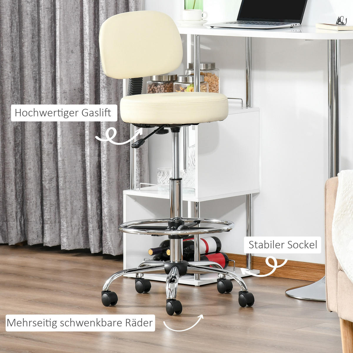 BARHOCKER, Kunstleder-Leder, Stahl Beige - Beige, Kunststoff (57/104/56cm) - HOMCOM