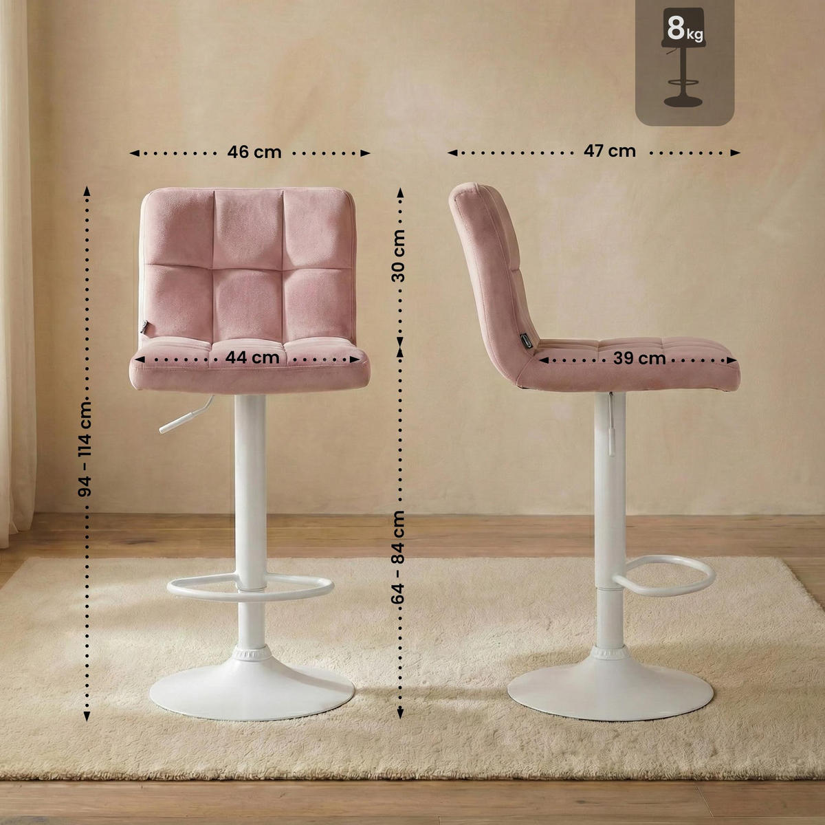 BARHOCKER Samt Rosa - Weiß/Rosa, Textil/Metall (46/94/47cm) - CLP