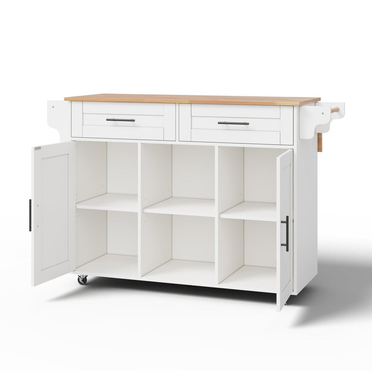 KÜCHENINSEL 145/70/94,5 cm mit klappbarer Arbeitsplatte, verstellbaren Regalen und 5 Rollen, MDF, Weiß - Weiß, Holzwerkstoff (145/94.5/70cm) - Redom
