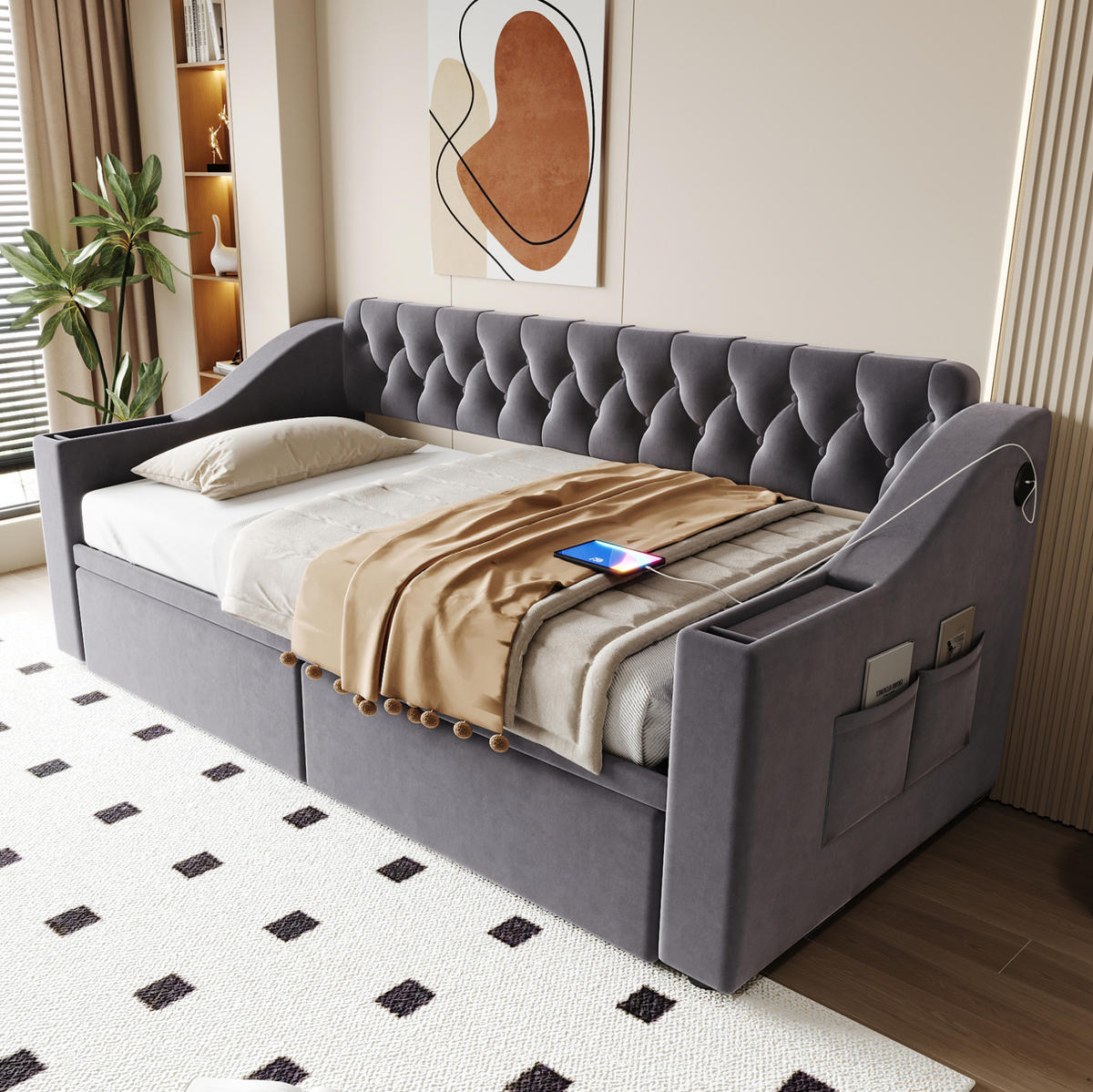 POLSTERBETT aus Samt 90x190 cm Dunkelgrau mit USB- und Typ-C-Anschluss, Stauraumarmlehnen und 2 Schubladen - Grau, Textil (90/190cm) - Modfu