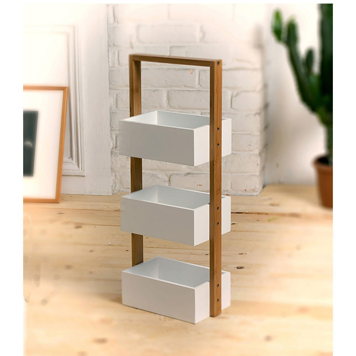 BAMBUSREGAL mit 3 Aufbewahrungsboxen 28.5/15/66 cm - Weiß, Holz (15/66/28.5cm) - Calicosy
