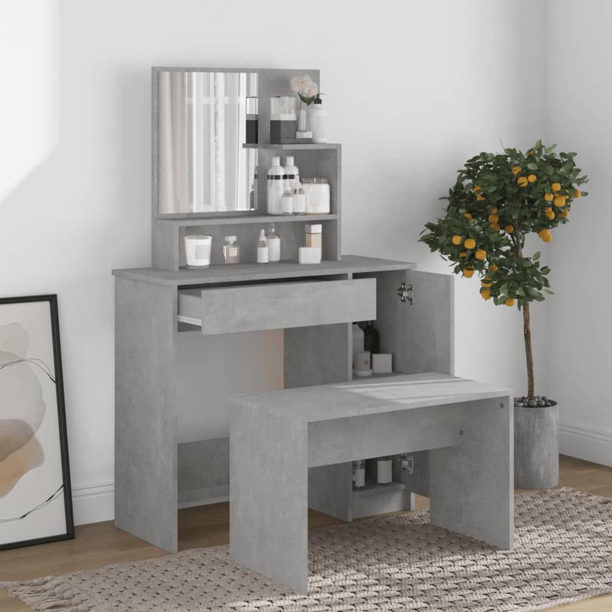 SCHMINKTISCH MIT SPIEGEL BETONGRAU 86,5X35X136 CM - Hellgrau/Grau, Holz (86.5/136/35cm) - vidaXL
