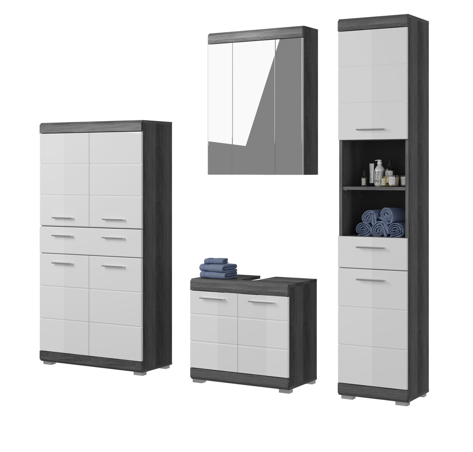 BADMÖBEL-SET weiß Hochglanz, grau 4-teilig 186 cm, Komplettset mit 31 Fächern - Weiß Hochglanz/Grau, Holzwerkstoff (186/191/34cm) - Inn.Furn