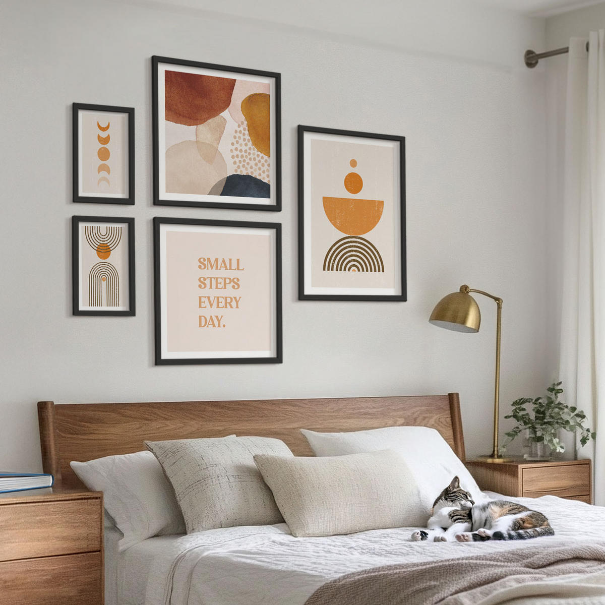 WANDBILDER 5er-Set - 50x50 cm & 20x30 cm & 40x60 cm Schwarzer Rahmen - Boho-minimalistische Dekorationen - Schwarz, Kunststoff (40/60cm) - ArtPrintCave