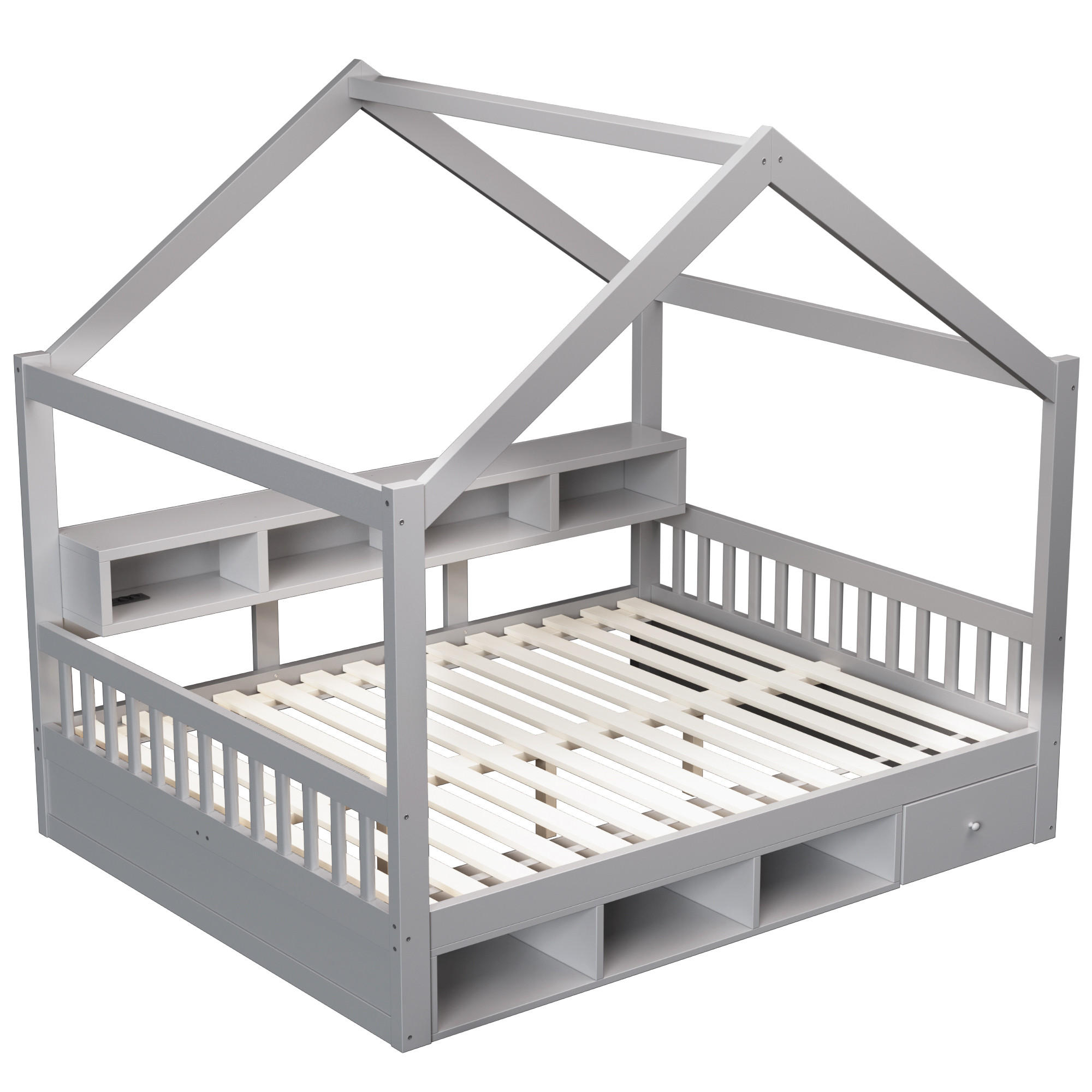 HAUSBETT 140/200 cm mit Dachrahmen und LED, DE-41651, in Grau - Grau, Holzwerkstoff (140/200cm) - ComfortXL