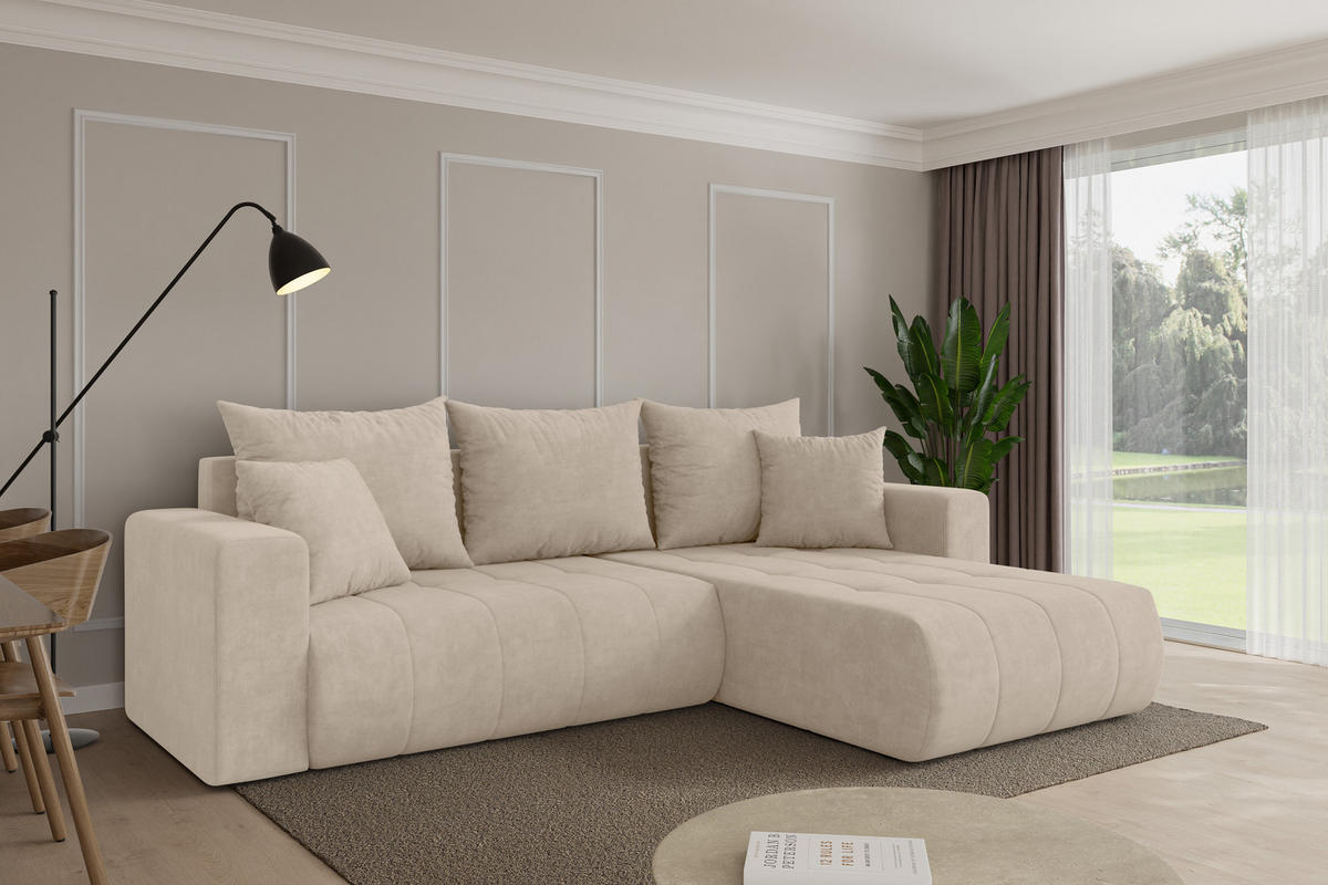 ROHOVÁ SEDAČKA s funkcí spaní, otoman vpravo MILA-L 277x194x86 béžová velur - černá/Sahara, kompozitní dřevo/textil (277/194cm) - ALTDECOR
