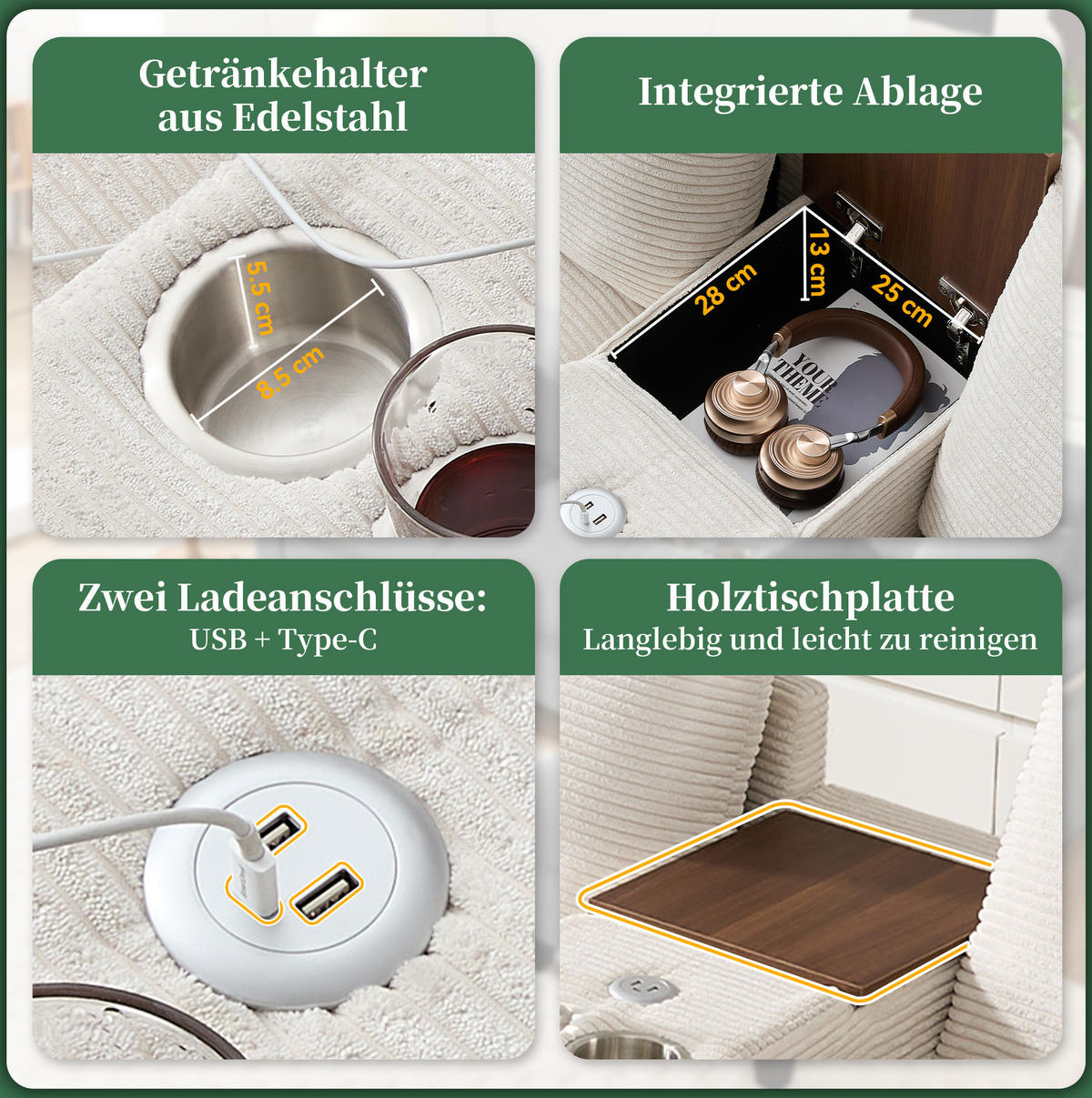 ECKSOFA L-Form Cord mit Konsole und USB-Anschluss inklusive Hocker 229/149,5/83 cm Beige - Beige, Kunststoff/Textil (83/149.5cm) - Redom