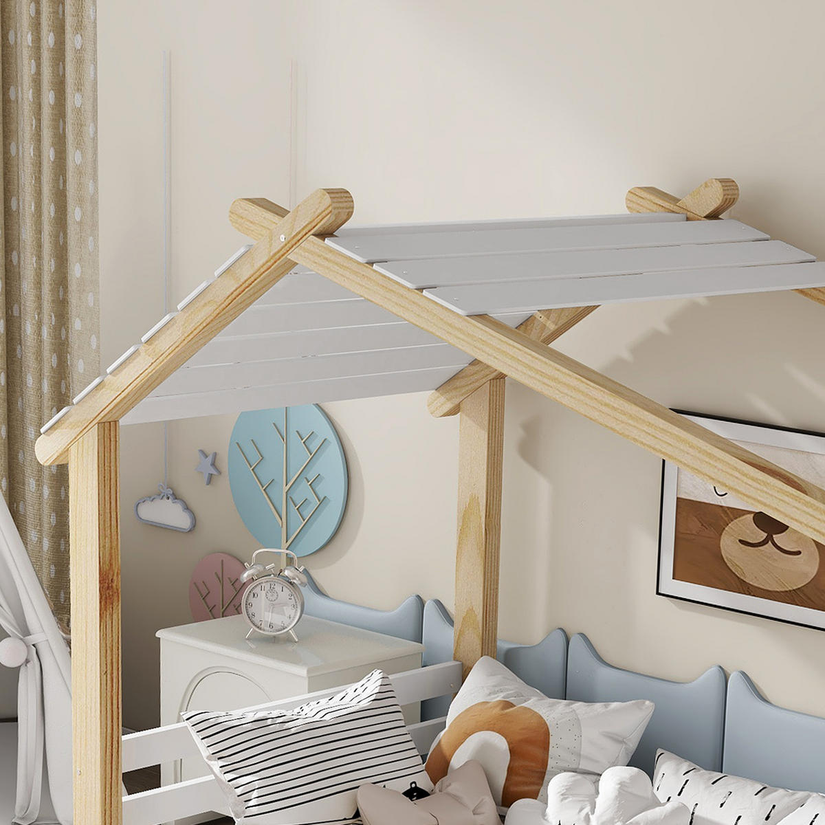 KINDERBETT 90/200 mit Holzhausdesign und Lattenrost in Weiß + Natur - Weiß/Naturfarben, Holzwerkstoff (90/200cm) - EVRYAE