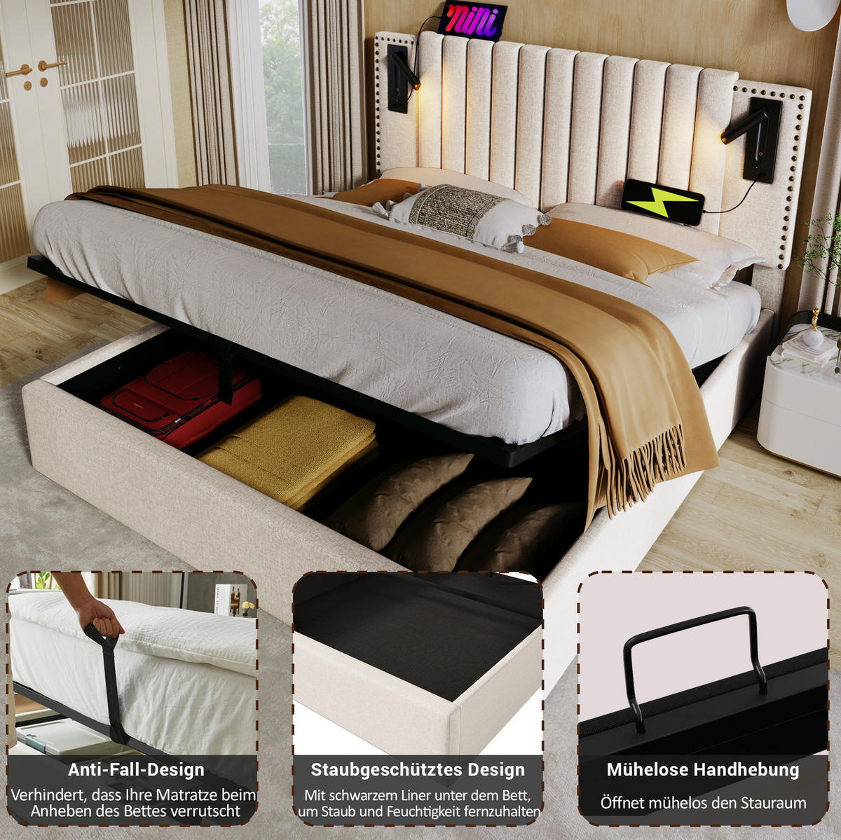 POLSTERBETT 160/200 cm Beige aus Baumwolle mit Stauraum und Matratze - Beige, Textil (160/200cm) - OKMYHOME