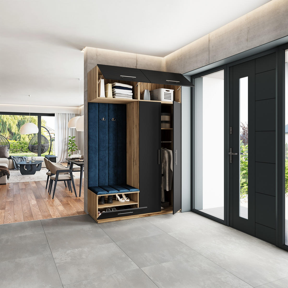 GARDEROBENSCHRANK REMA 150/240/60 cm Modern Garderobe-Set Eiche Wotan - Blau/Eiche Wotan, Holzwerkstoff (150/240/60cm) - MASSENO