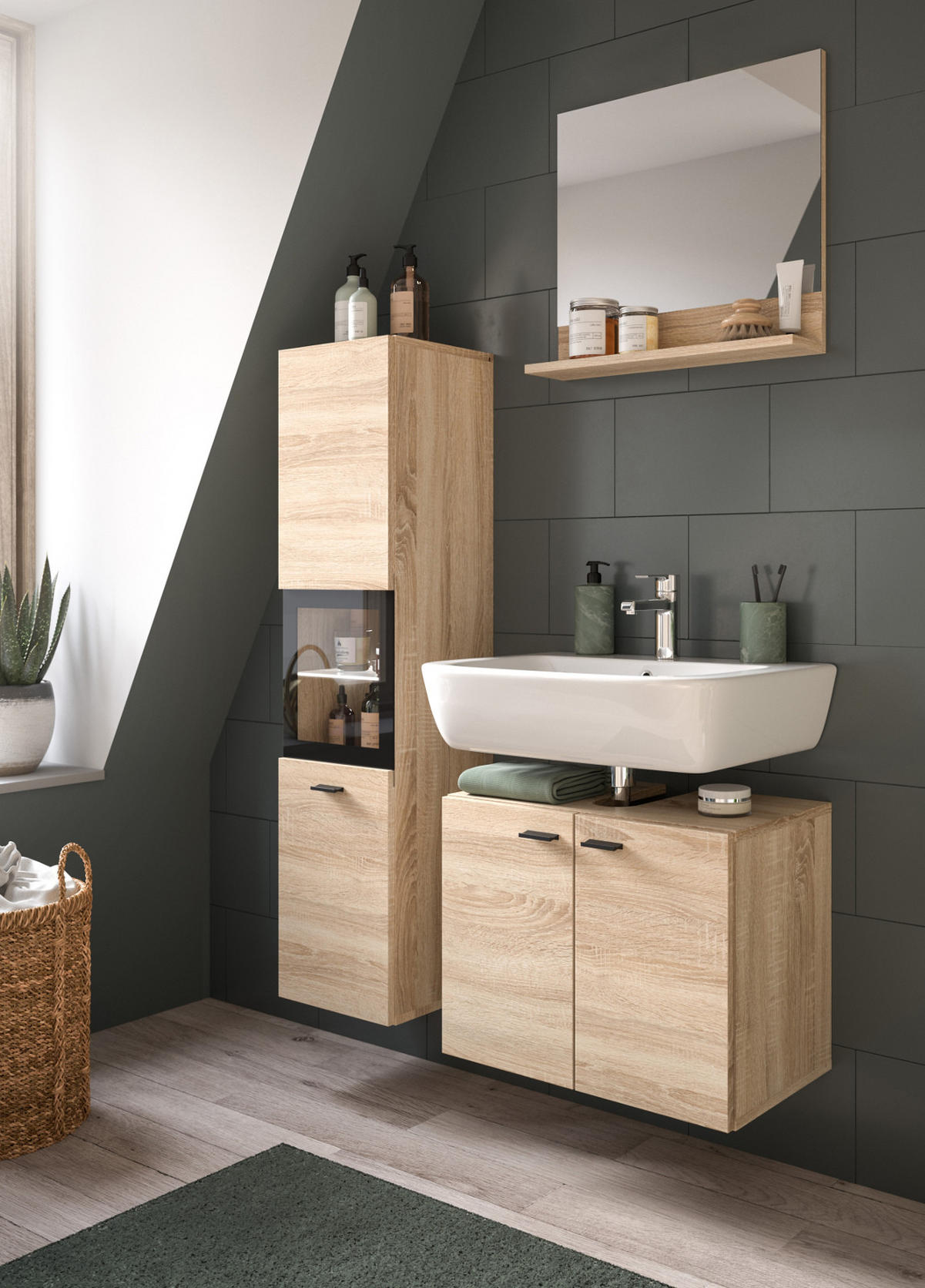 BADMÖBEL-SET Eiche 3-teilig 100 cm, Komplettset hängend oder stehend - Eichefarben/Schwarz, Glas/Holzwerkstoff (102/186/33cm) - Inn.Furn