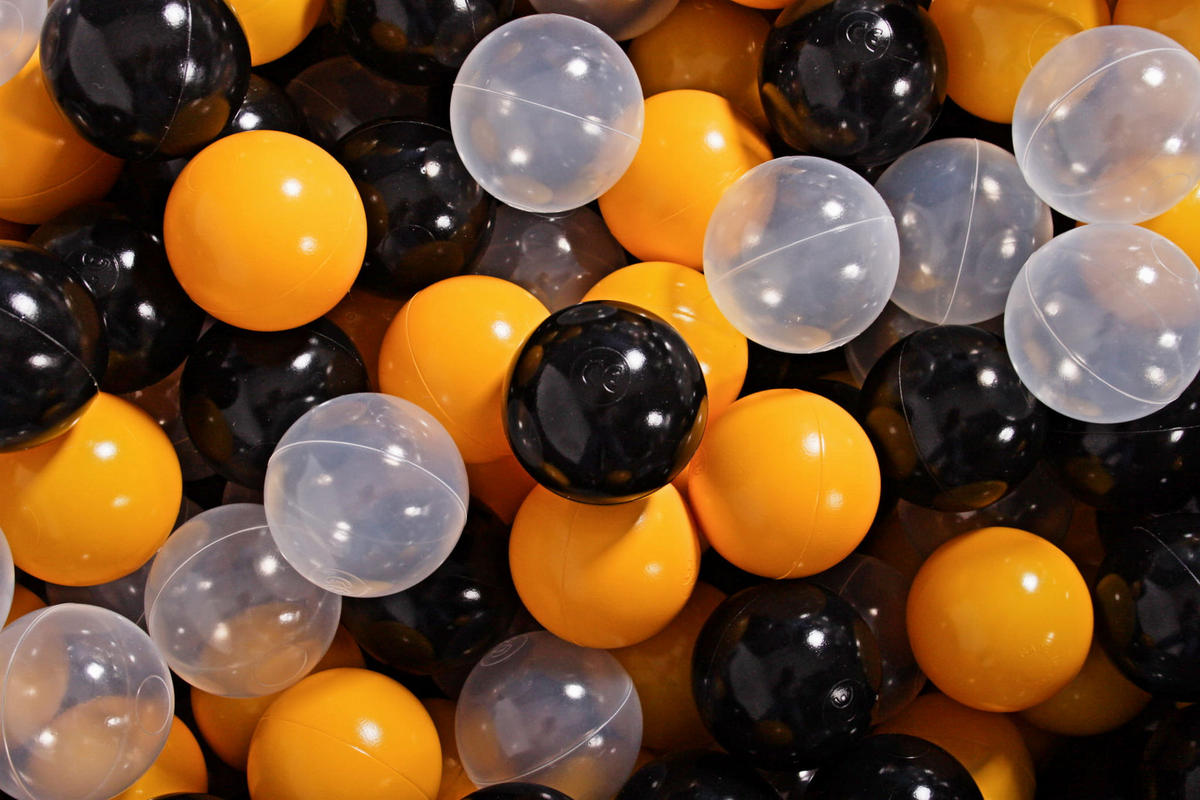 BÄLLE für Bällebad, Spielbälle, Plastikbälle für Kinder Set 50 pcs.: Gelb/Schwarz/Transparent - Schwarz, Textil (7/7/7cm) - MeowBaby