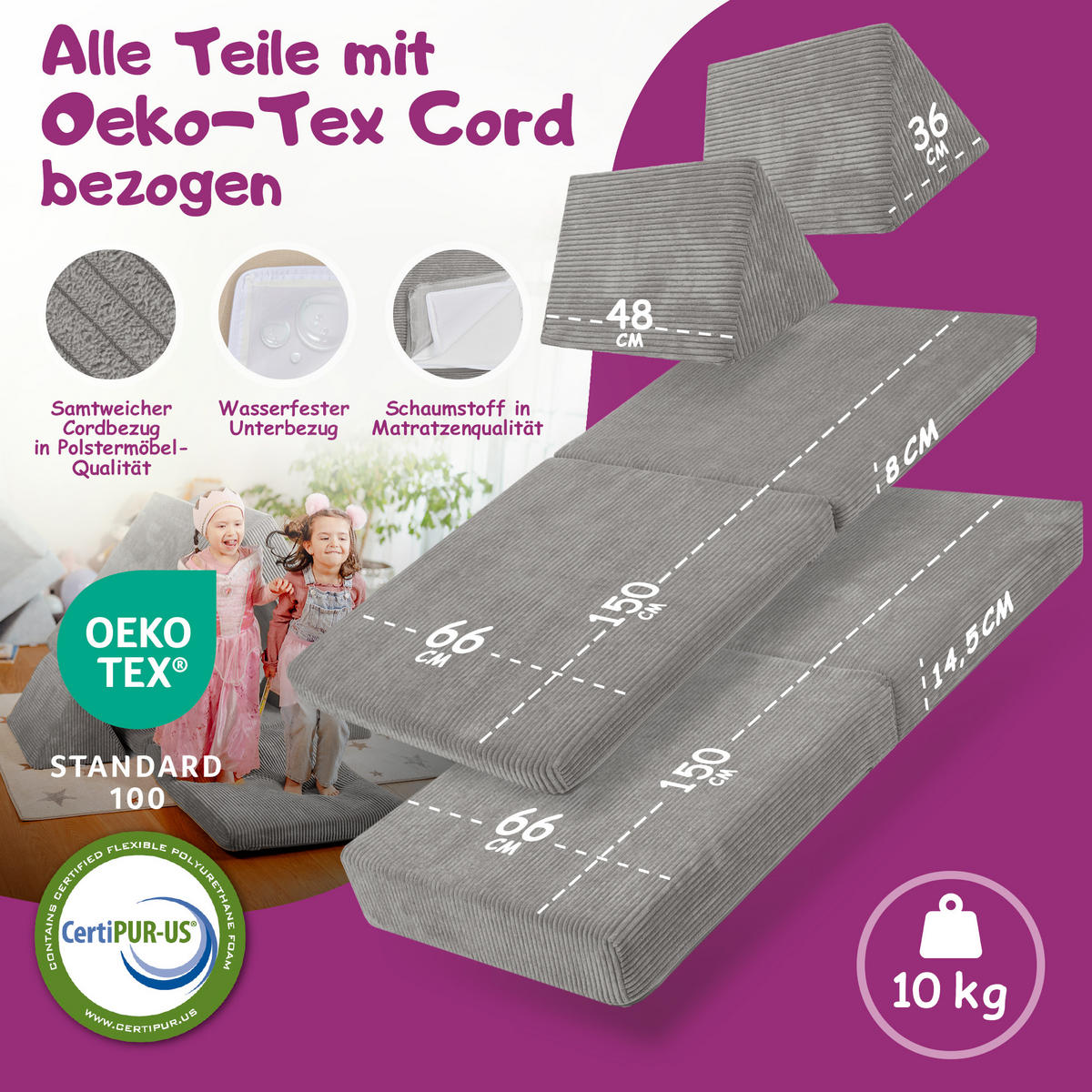 KINDERSOFA Spielparadies - Grau, Textil (66/52/150cm) - Linodino