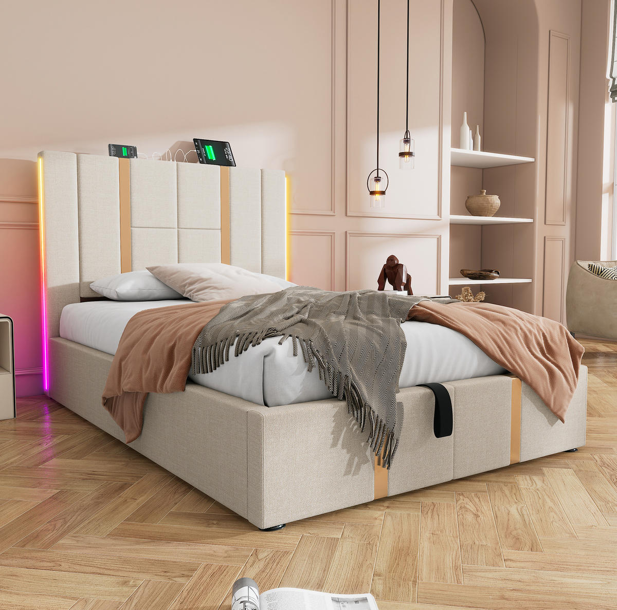 ČALÚNENÁ posteľ 90/200 cm béžová s LED, USB a USB-C a úložným priestorom z ľanovej tkaniny - béžová, textil (90/200cm) - OKWISH