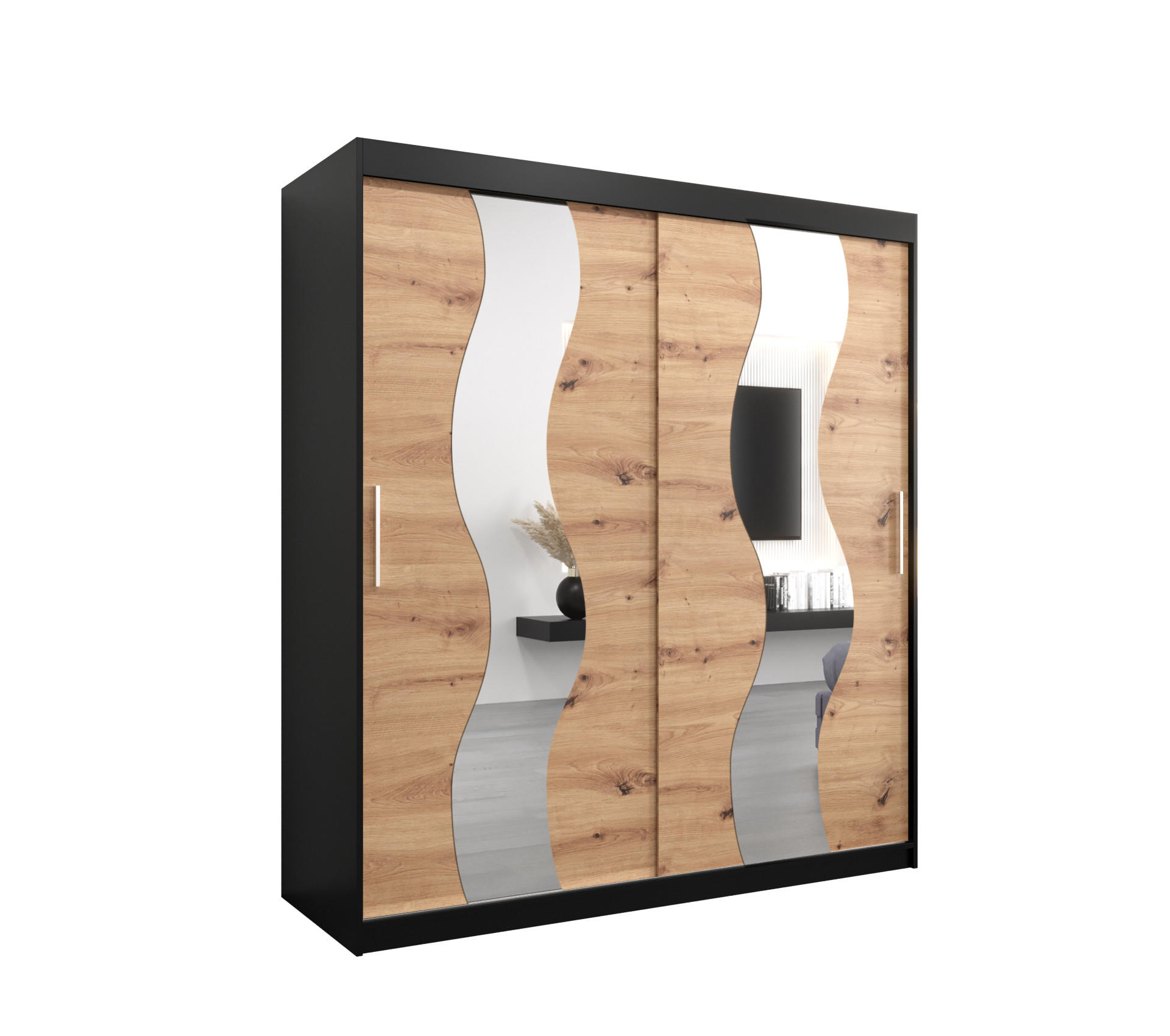 Abiks Möbel Schwebetürenschrank Schwarz, Eiche Artisan 180x200x62 cm