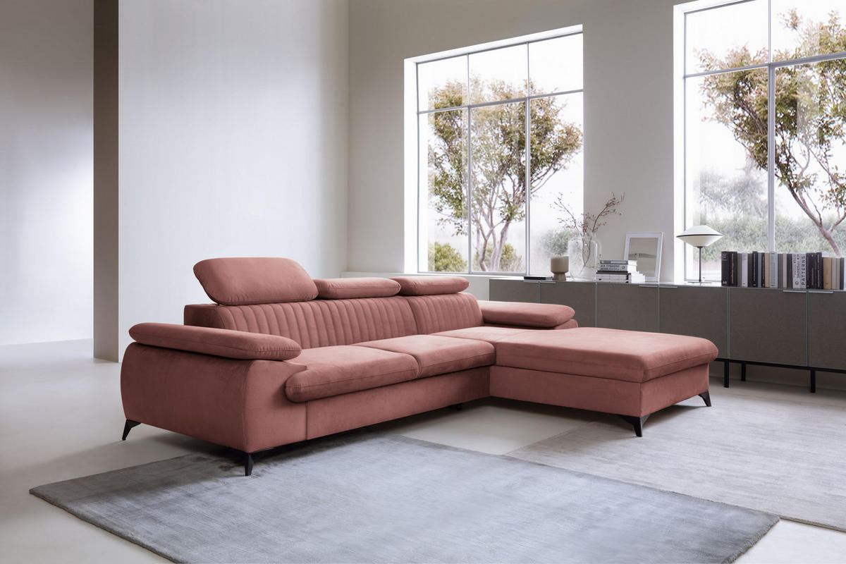 ECKSOFA FIORE Rosa Velours-Stoff mit Schlaffunktion - Rosa, Holz (280/193cm) - MASSENO