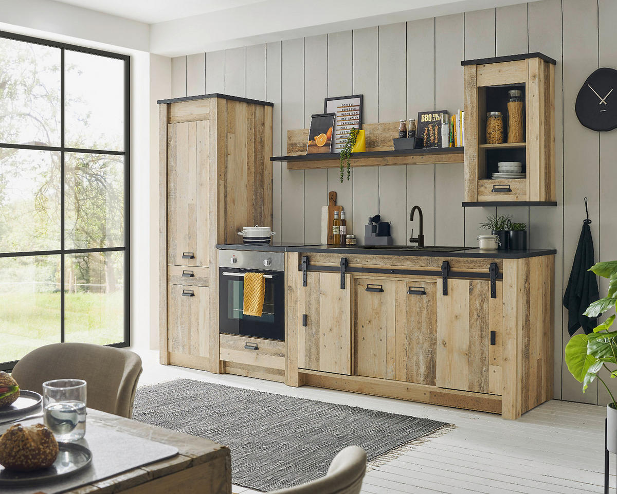 KÜCHEN-SET Used Wood hell, anthrazit 196 cm, Küchenschrank Set 3-teilig mit Schiebetür - Anthrazit/Schwarz, Holzwerkstoff/Metall (196/180/64cm) - Furn.Design