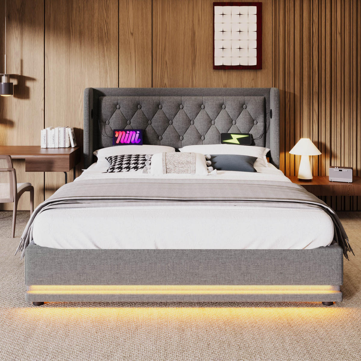 POLSTERBETT 140/200 cm Grau aus Baumwolle mit Stauraum LED und USB/Typ-C mit Matratze - Grau, Textil (140/200cm) - OKWISH