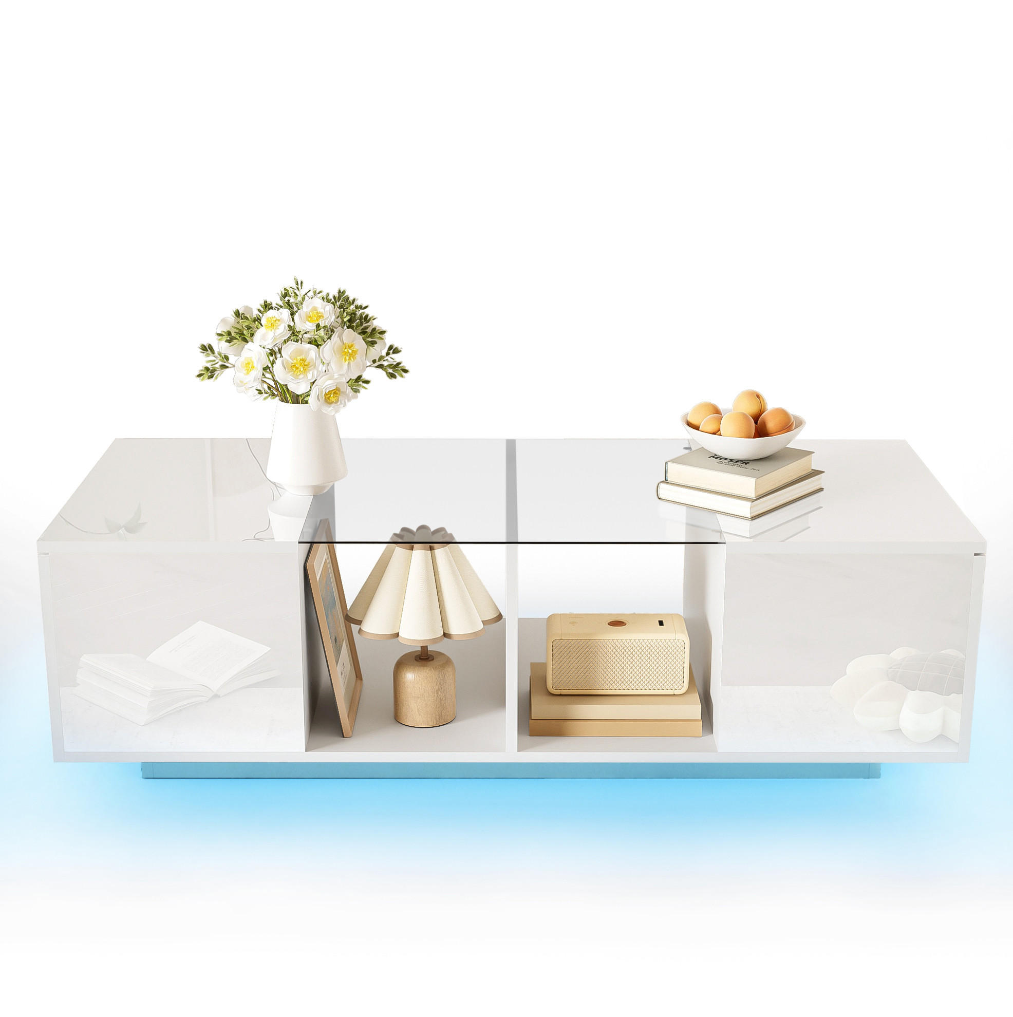 OKWISH KONFERENČNÍ stolek 120/50/38,5 cm bílý z MDF, skla a dřevotřísky s LED osvětlením a úložným prostorem