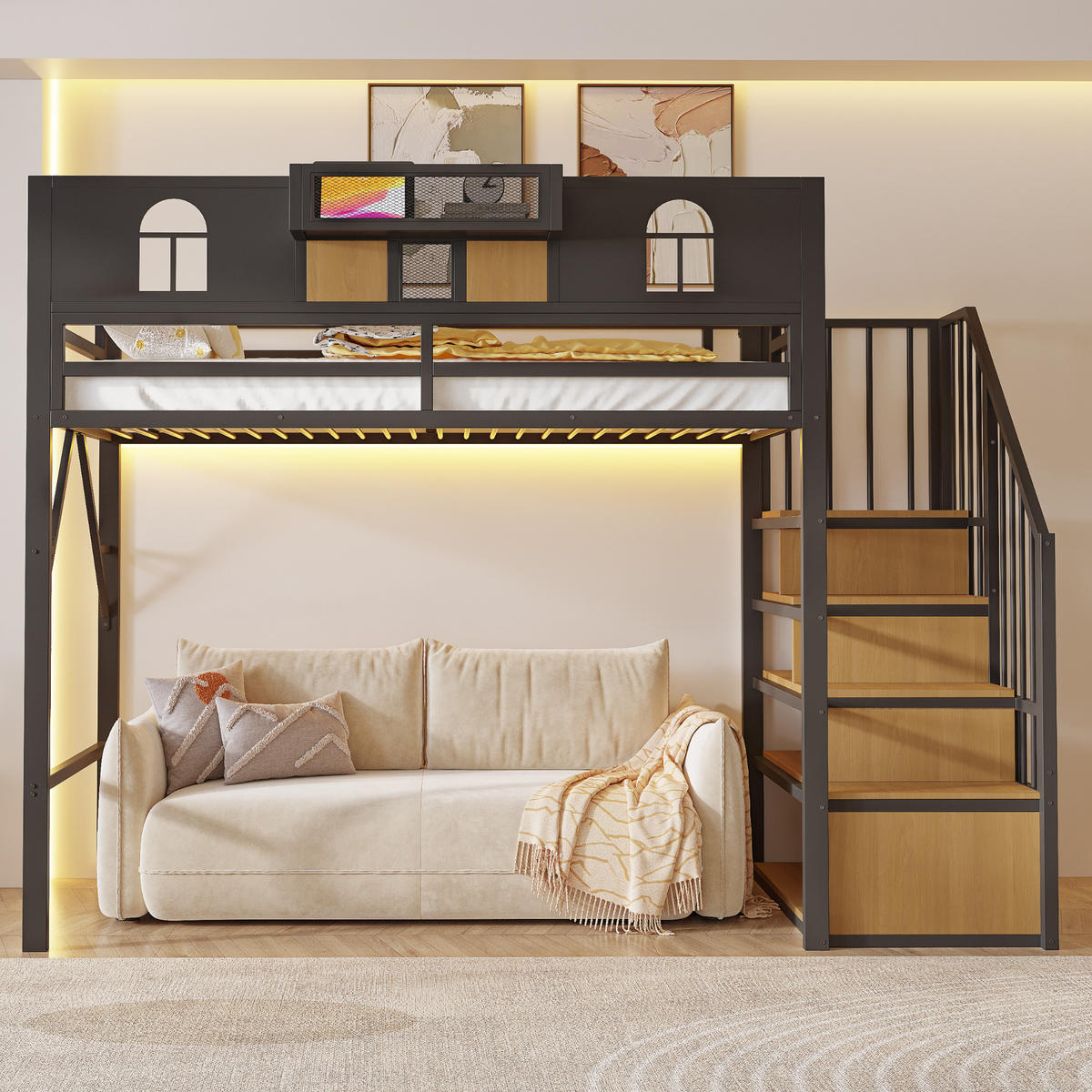 HOCHBETT 90/200 cm in Schwarz mit Ablagefach, Stauraumleiter und Lichtleiste aus Metall und MDF - Schwarz, Metall (90/200cm) - STILVORA
