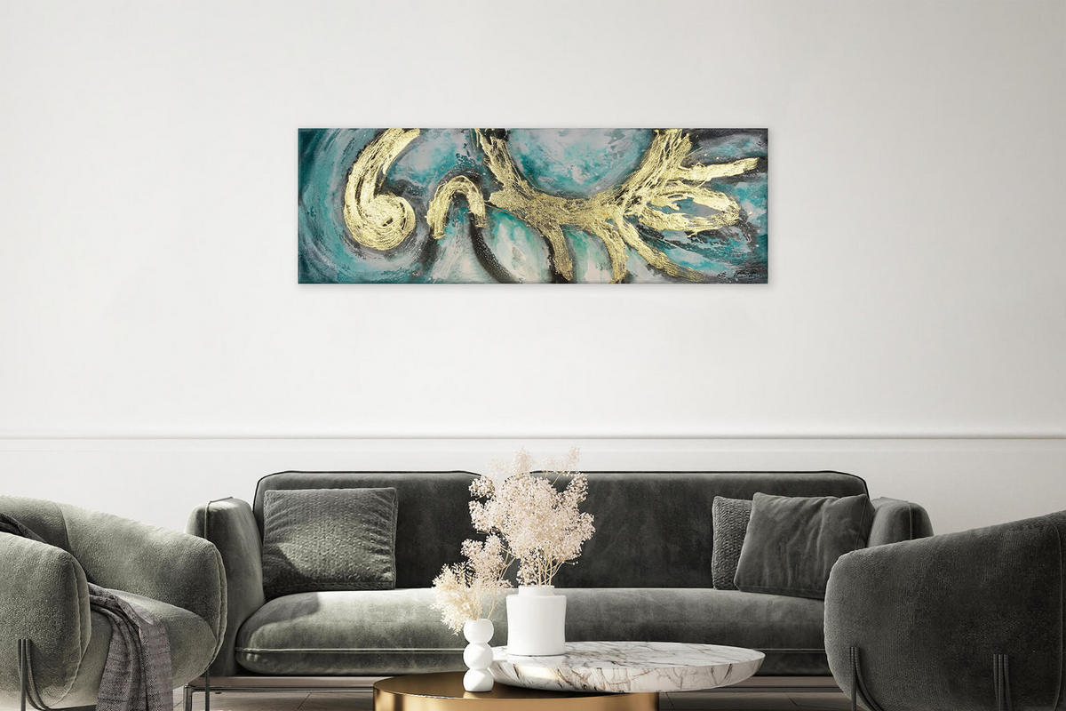 ÖLGEMÄLDE 150/50 cm - Türkis/Weiß, Holz/Textil (150/50cm) - KUNSTLOFT