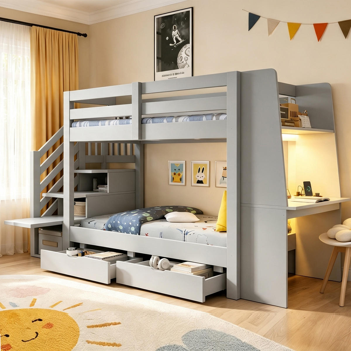 ETAGENBETT 90 x 200 cm mit Schreibtisch, LED und Schubladen, Grau - Grau, Holz (90/200cm) - FLIEKS
