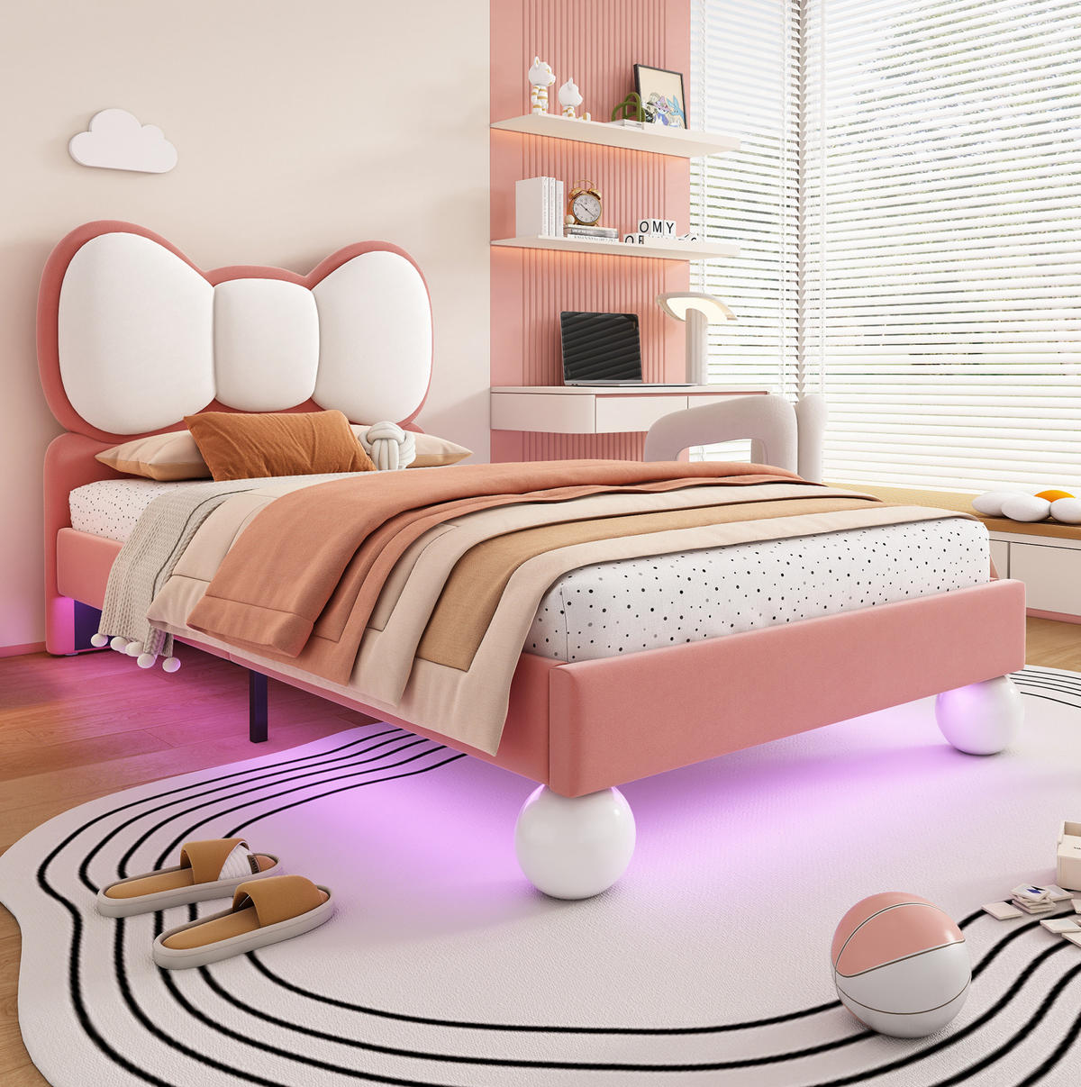 DETSKÁ posteľ 90/200 cm zamat ružová s LED osvetlením - ružová, textil (90/200cm) - BEAOK