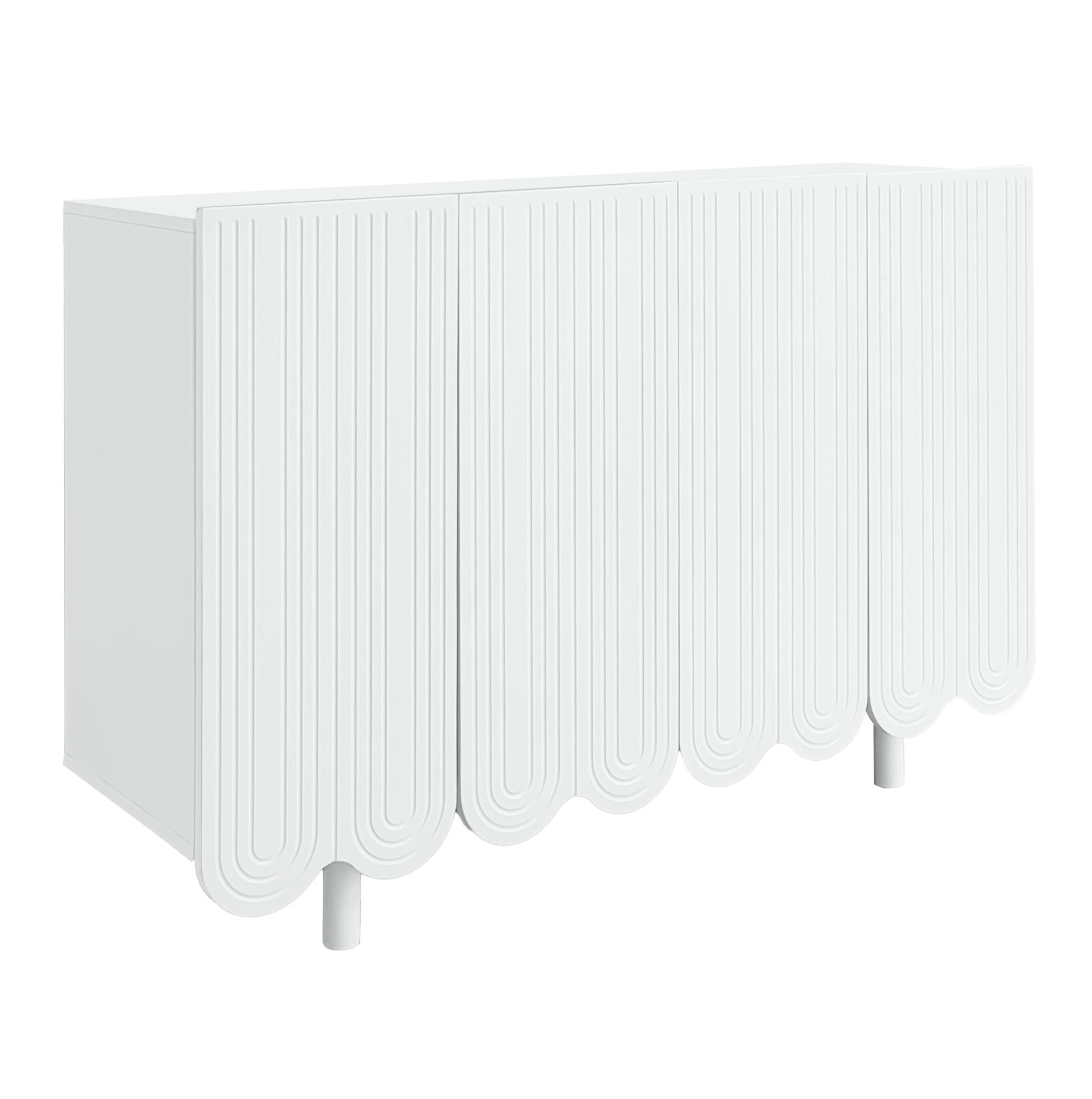 Modfu KOMODA z MDF 120x80,8x37,5 cm bílá se 4 dvířky, tlumenými panty a reliéfem ve tvaru kapky