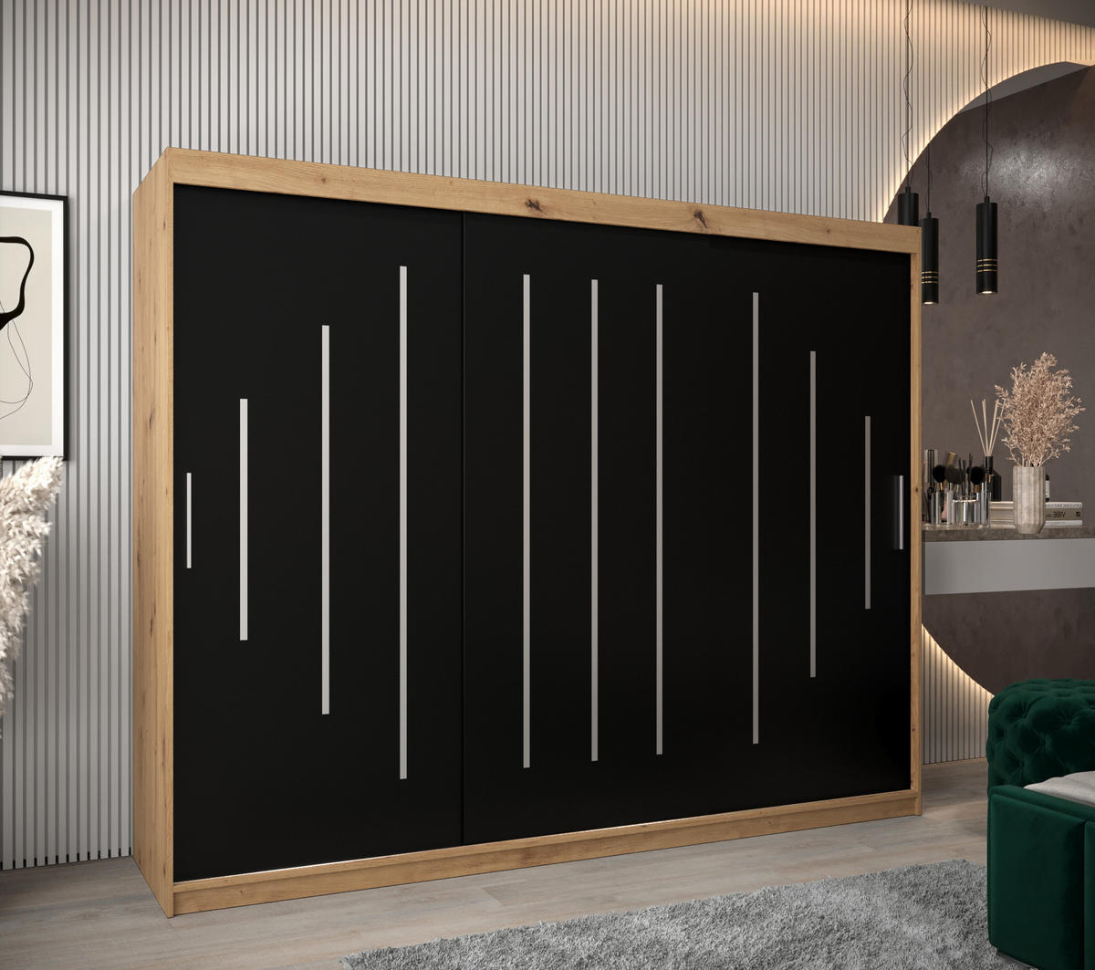 SCHWEBETÜRENSCHRANK 200/250/62 3-türig - Silberfarben/Schwarz, Holz/Kunststoff (250/200/62cm) - Abiks Möbel