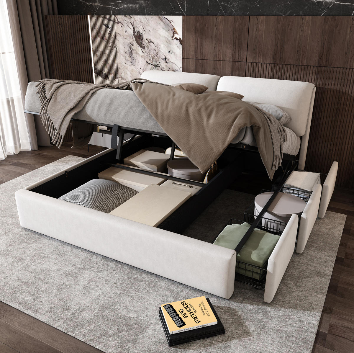 POLSTERBETT 160/200 cm mit hydraulischem Bettkasten, 3 Schubladen und verstellbarem Kopfteil, Beige - Beige, Textil (160/200cm) - Redom