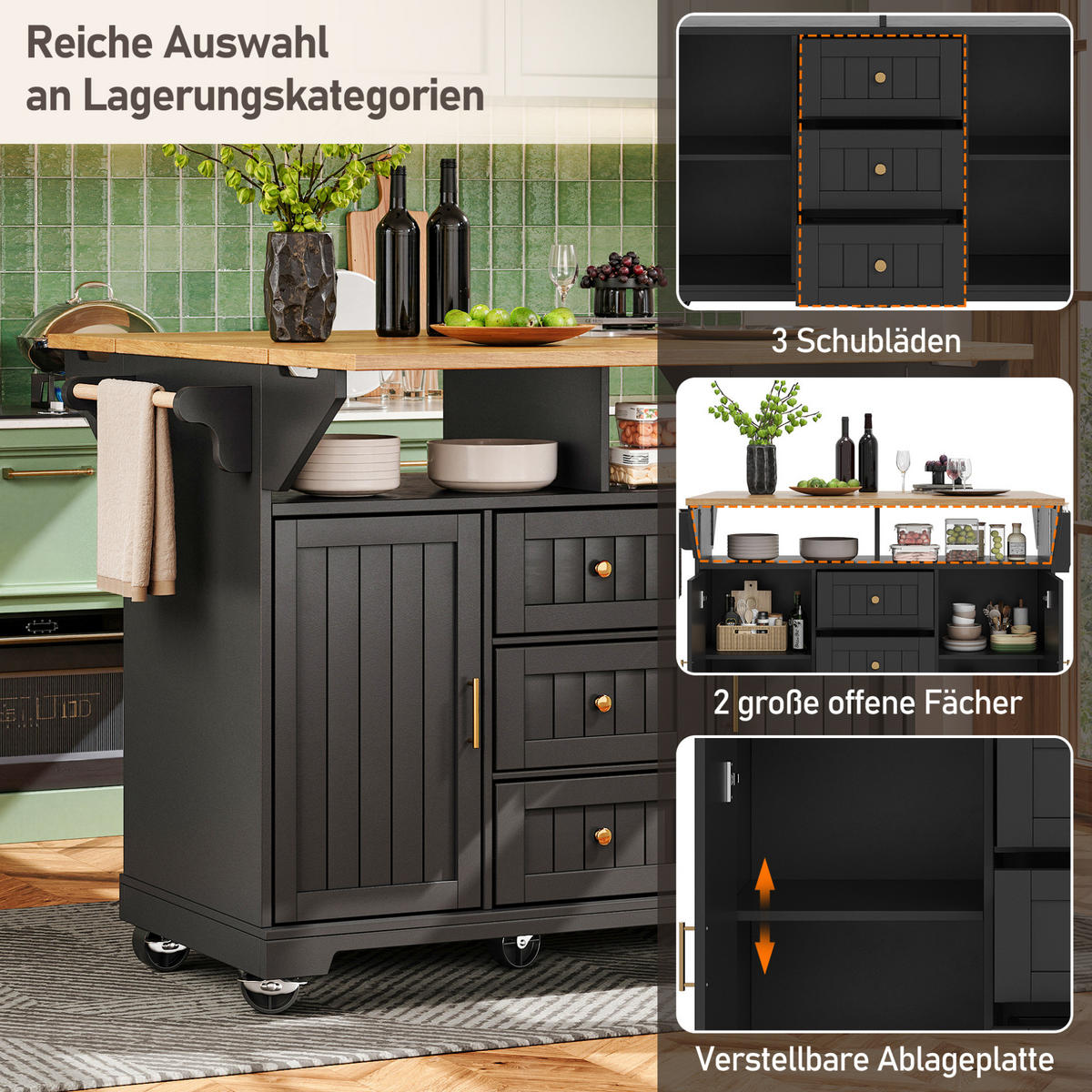 KÜCHENINSEL 120/40/95 cm Schwarz aus MDF und Metall mit klappbarer Tischplatte - Schwarz, Holzwerkstoff (40/95/120cm) - OKMYHOME