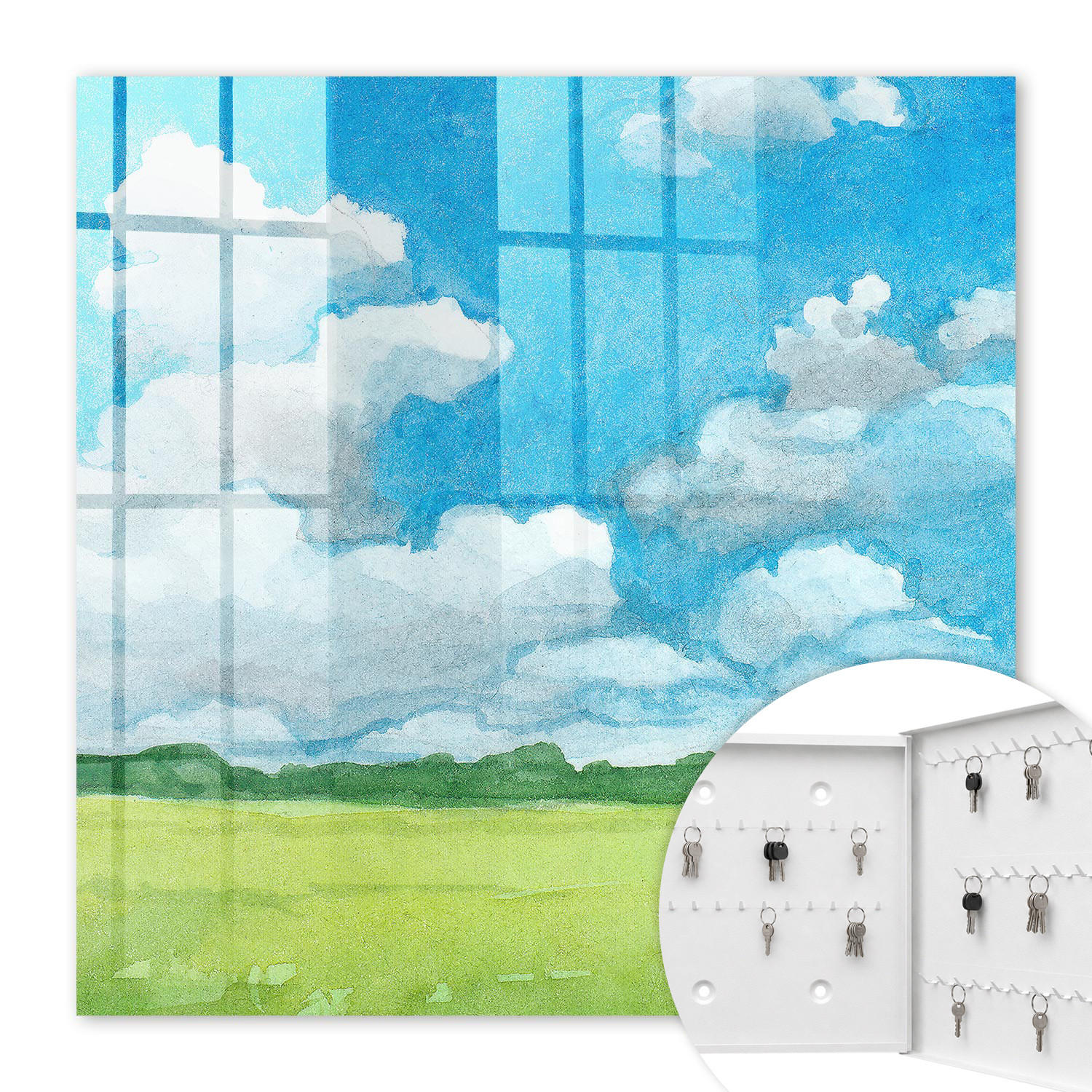 SCHLÜSSELBOX Weiß 30x30 cm – Türöffnung nach rechts - Sommerlandschaft - Blau, Metall (30/30/5cm) - TULUP